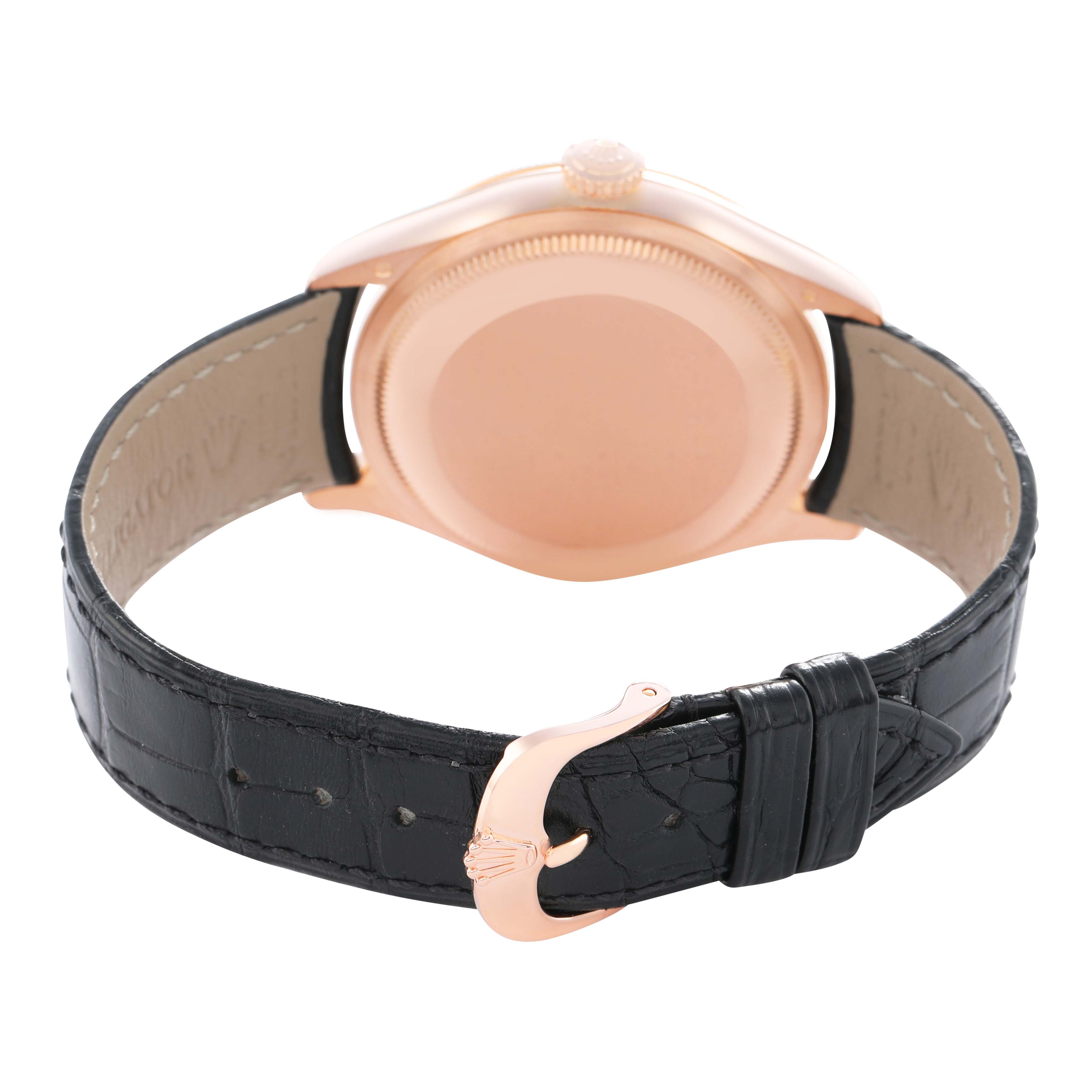 The Rolex Cellini 50505 Men's Rose Gold Silver Dial watch is shown from the back, highlighting the case back, crown, leather strap, and buckle clasp.