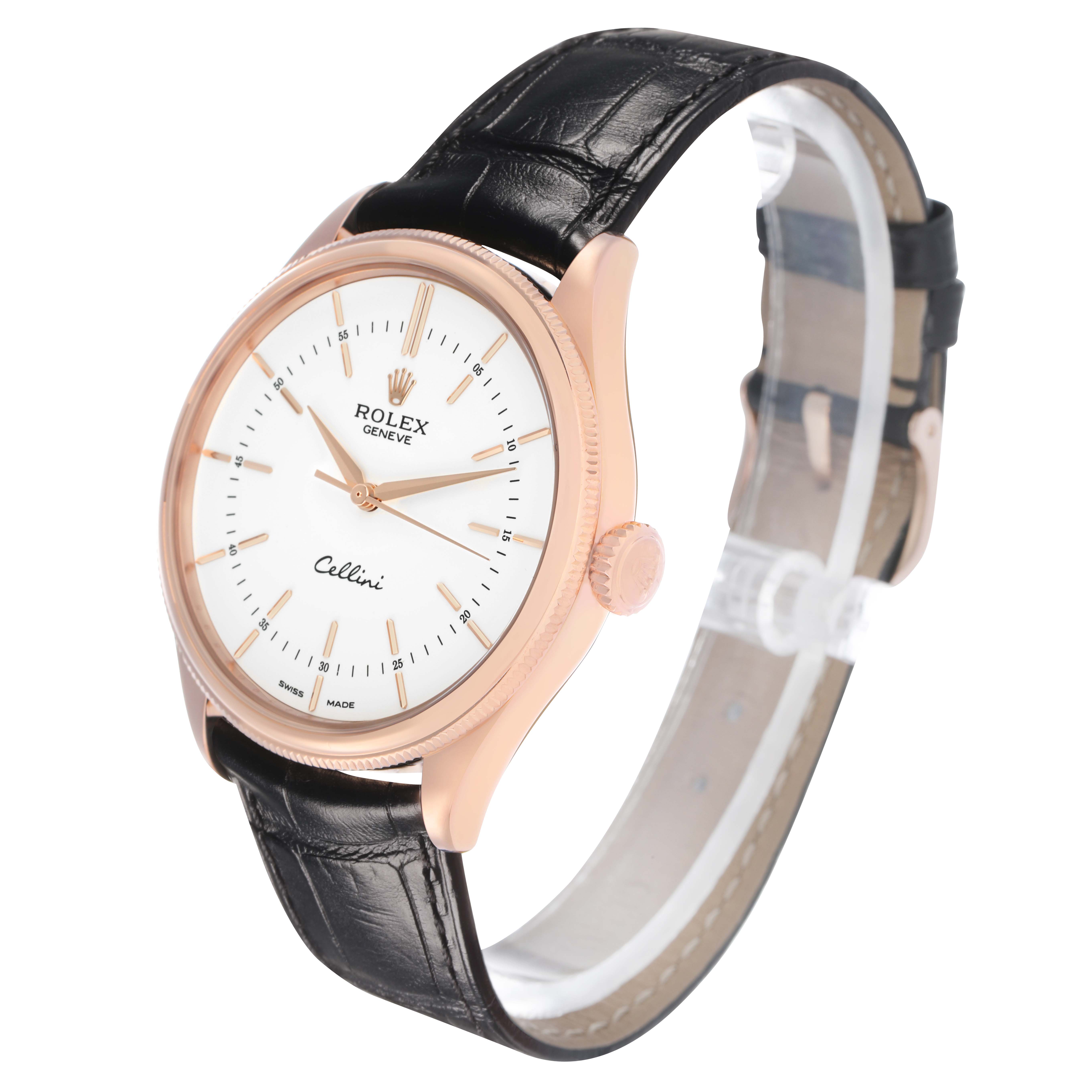 The Rolex Cellini 50505 Men's Rose Gold Silver Dial watch is shown at a three-quarter angle, displaying the dial, crown, and strap.