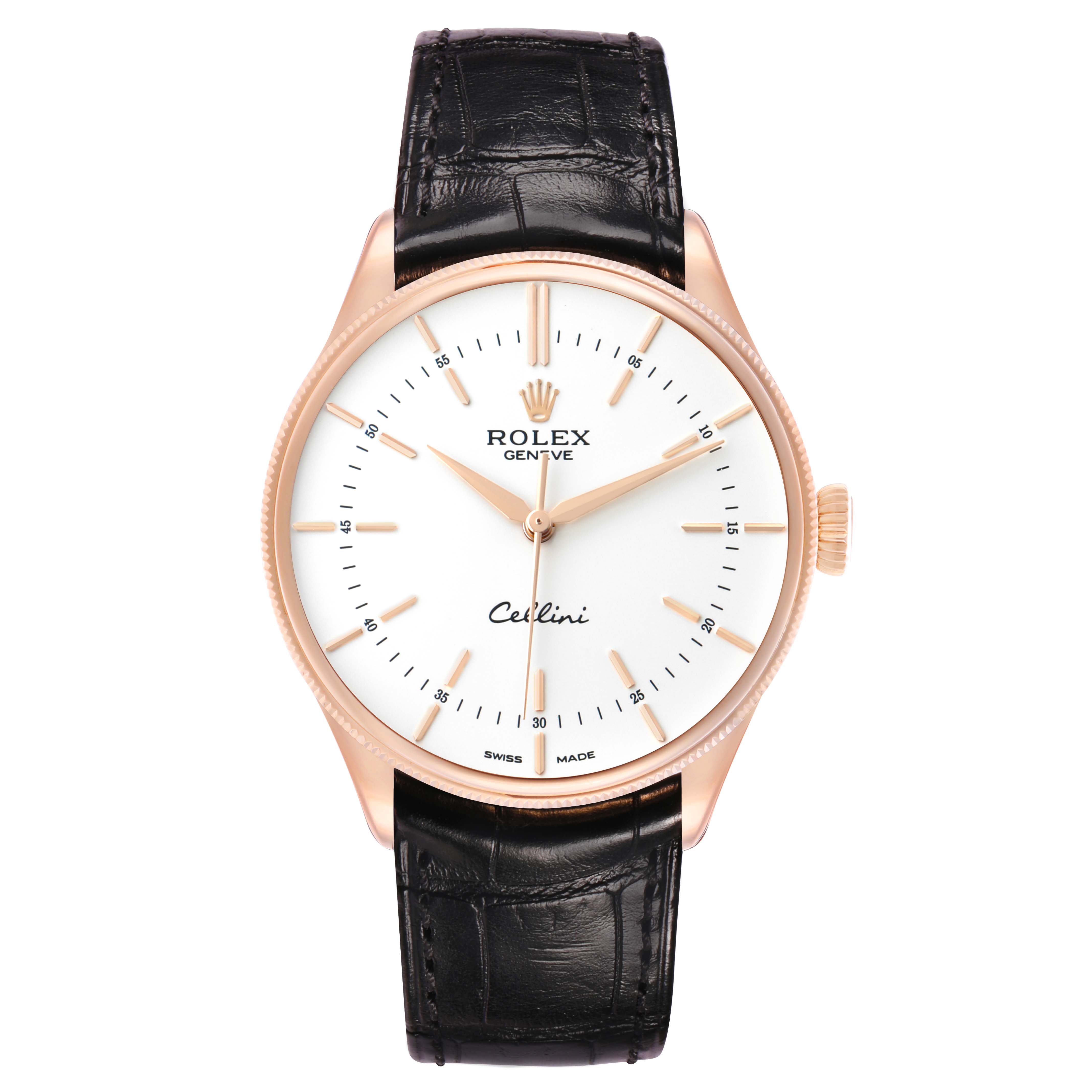 The Rolex Cellini 50505 Men's Rose Gold Silver Dial watch is shown from a front angle, highlighting the face, bezel, crown, and strap.