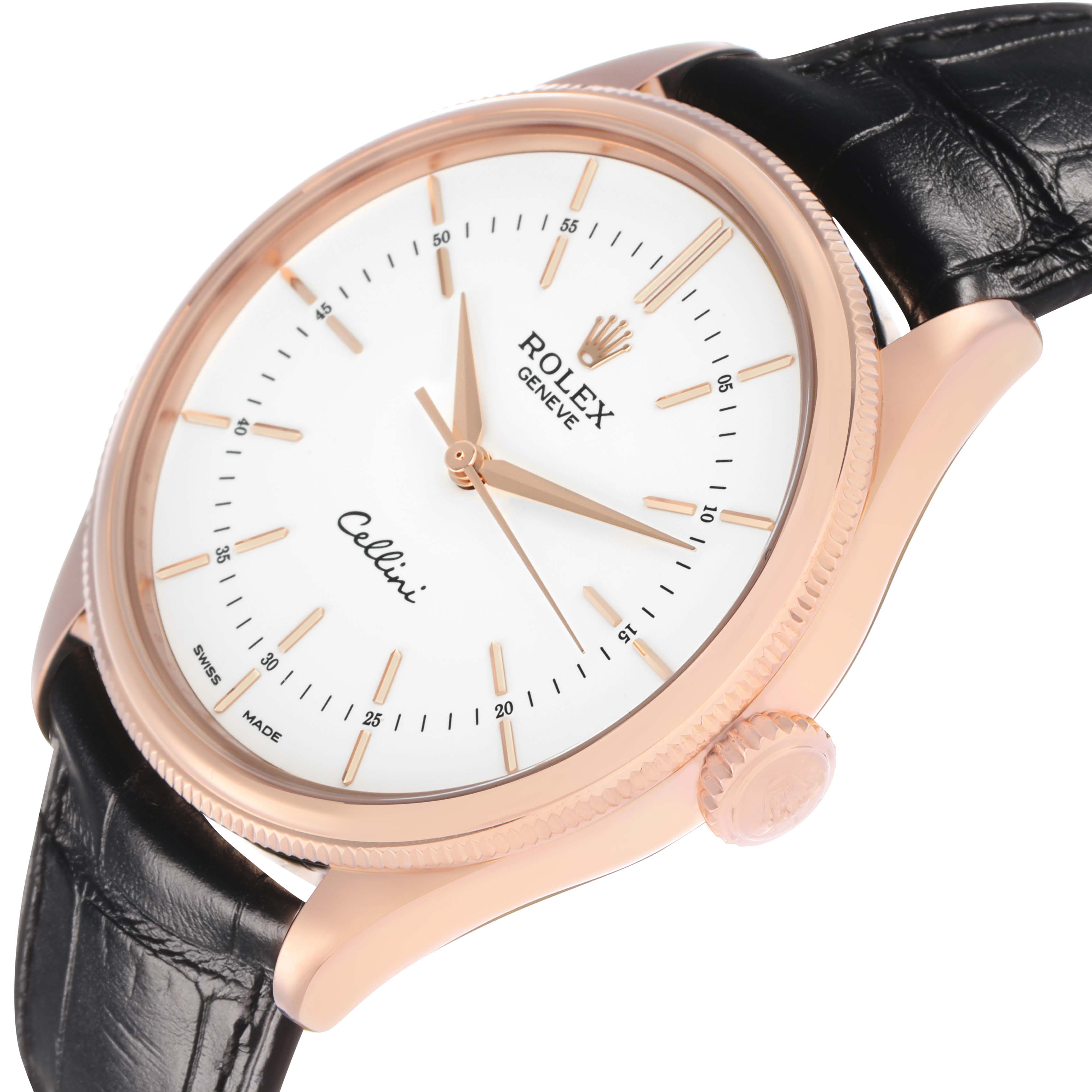 The Rolex Cellini 50505 Men's Rose Gold Silver Dial watch is shown from a side angle, highlighting the crown, bezel, dial, and part of the leather strap.