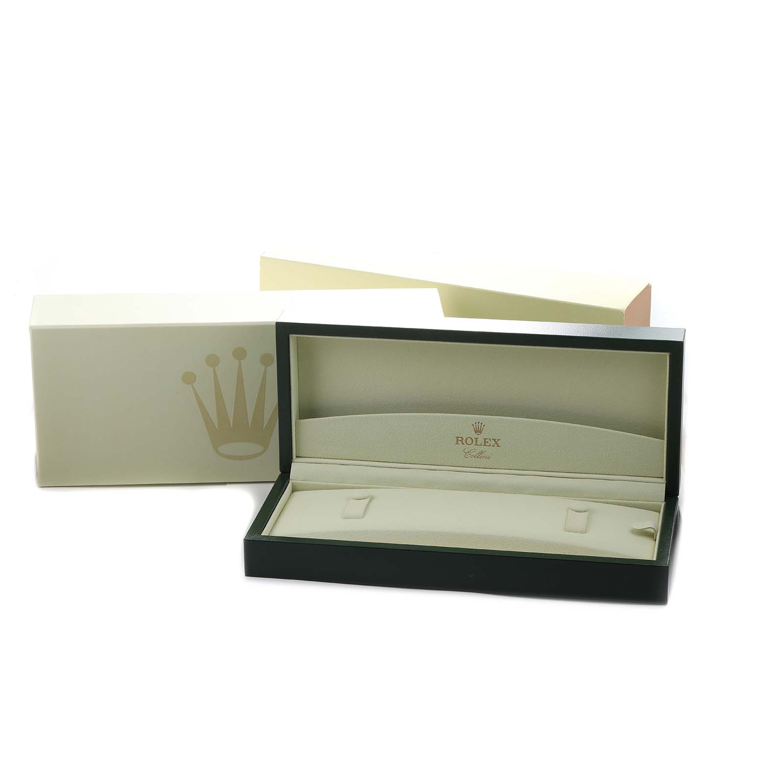 The image shows an open Rolex Cellini 50505 Men's Rose Gold Silver Dial watch box at an angle, highlighting the interior padding and branding.