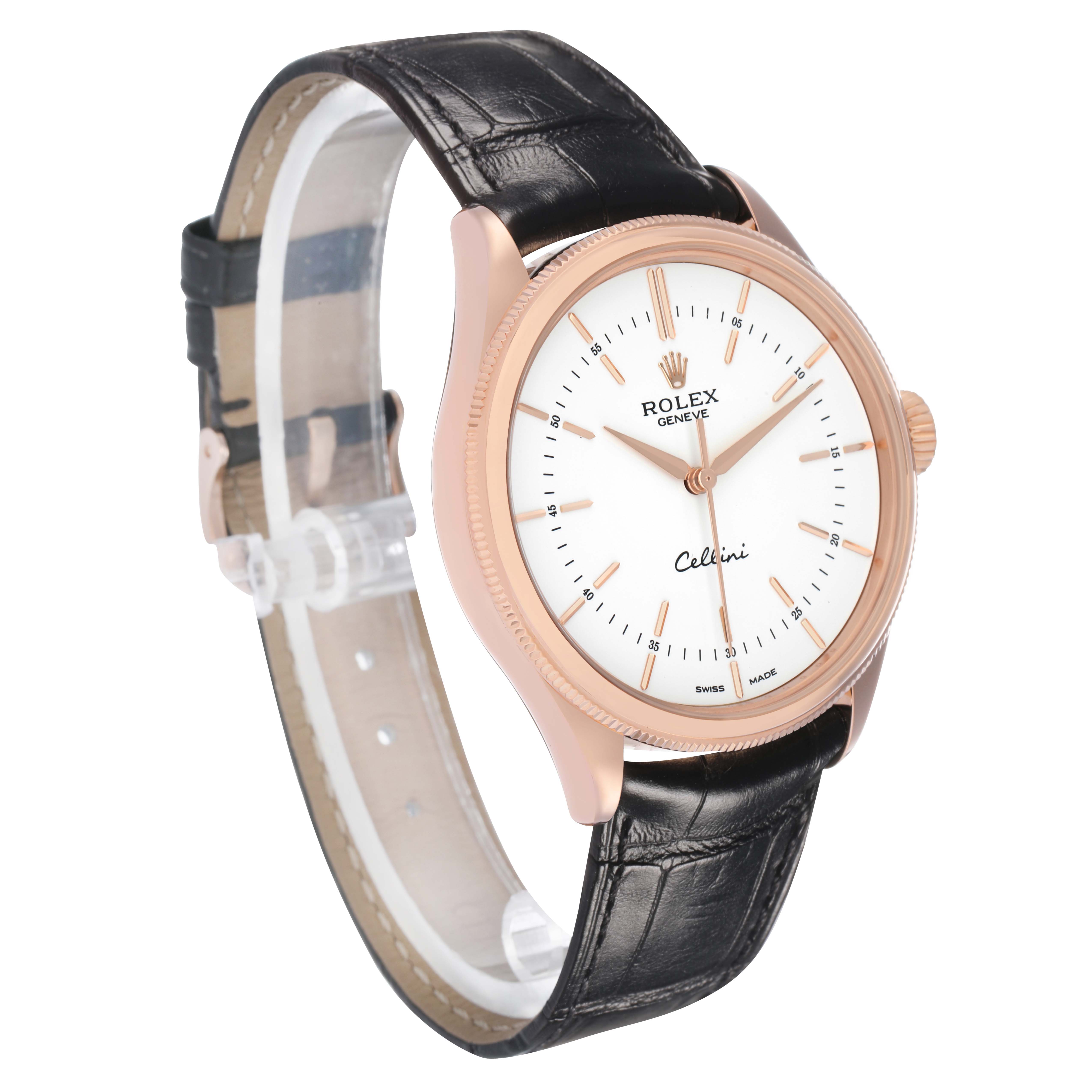 The Rolex Cellini 50505 Men's Rose Gold Silver Dial watch is shown at a three-quarter angle, displaying the face, hands, case, and leather strap.