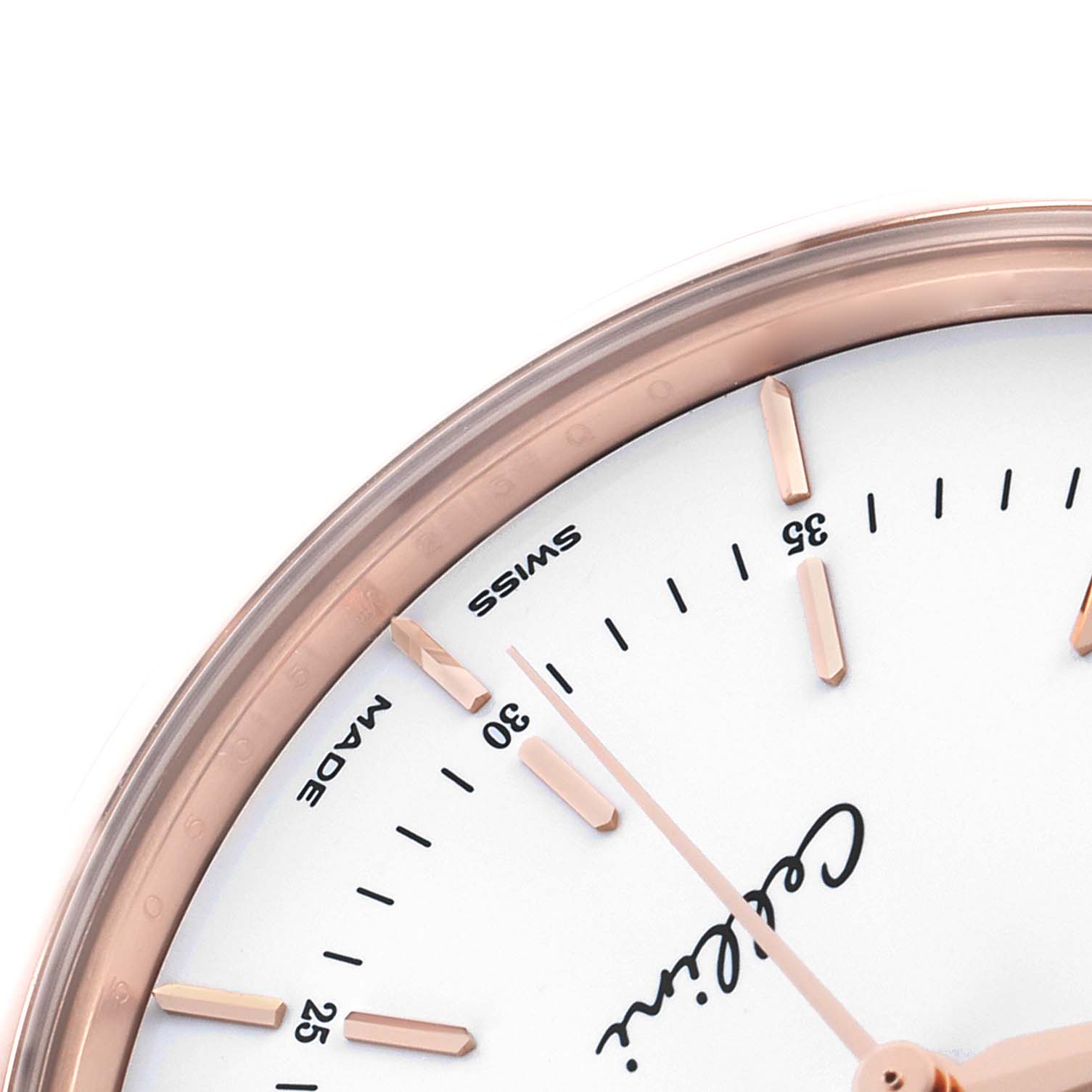 The image shows a close-up of the Rolex Cellini 50505 Men's Rose Gold Silver Dial watch, highlighting the dial, minute markers, and hands at an angled view.