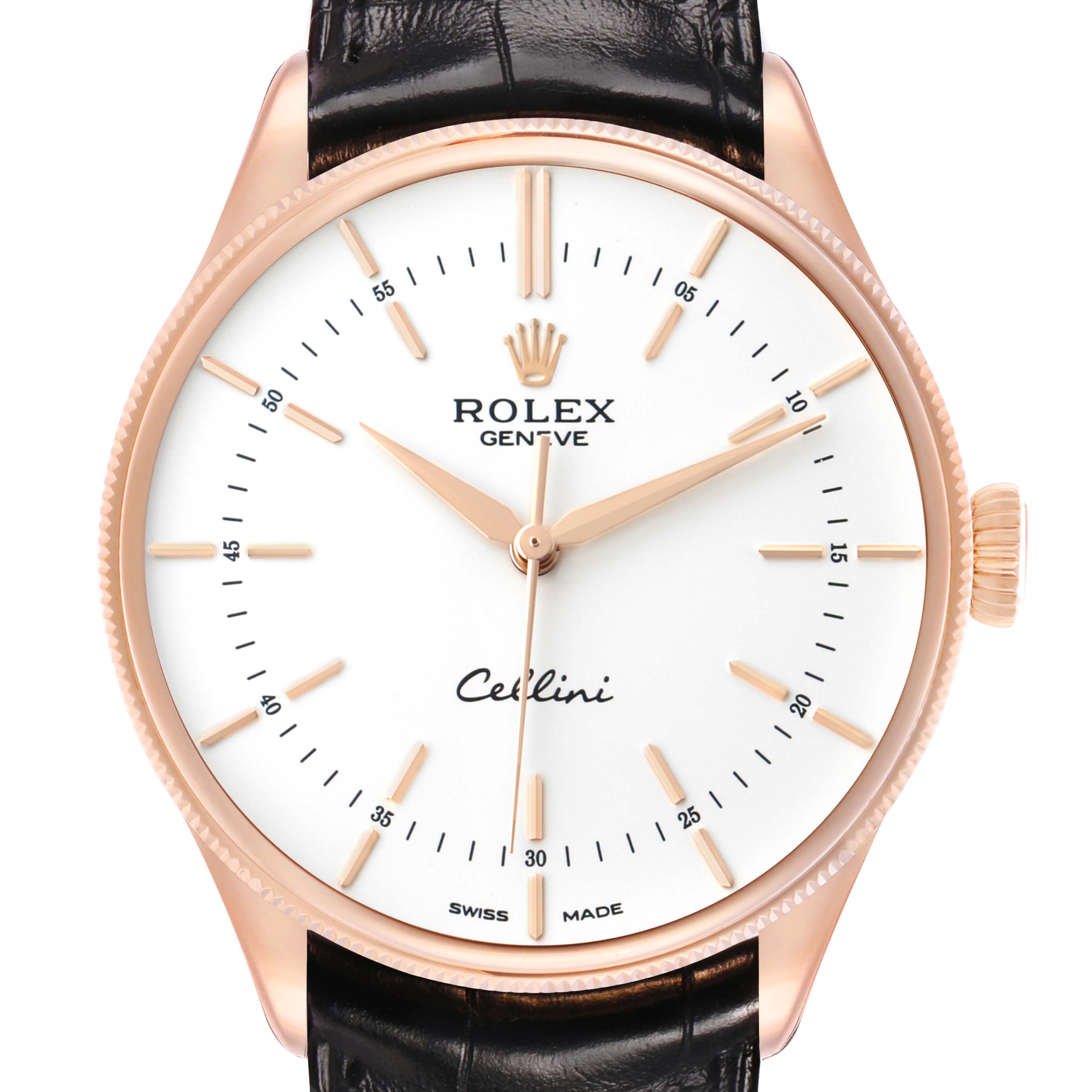 The Rolex Cellini 50505 Men's Rose Gold Silver Dial watch is shown from a front angle, displaying the dial, bezel, hands, crown, and upper strap.