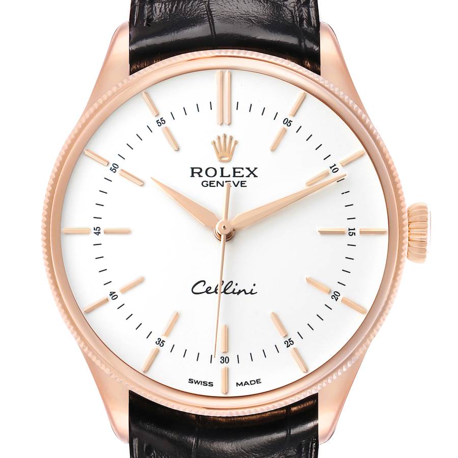 The Rolex Cellini 50505 Men's Rose Gold Silver Dial watch is shown from a front angle, displaying the dial, bezel, hands, crown, and upper strap.