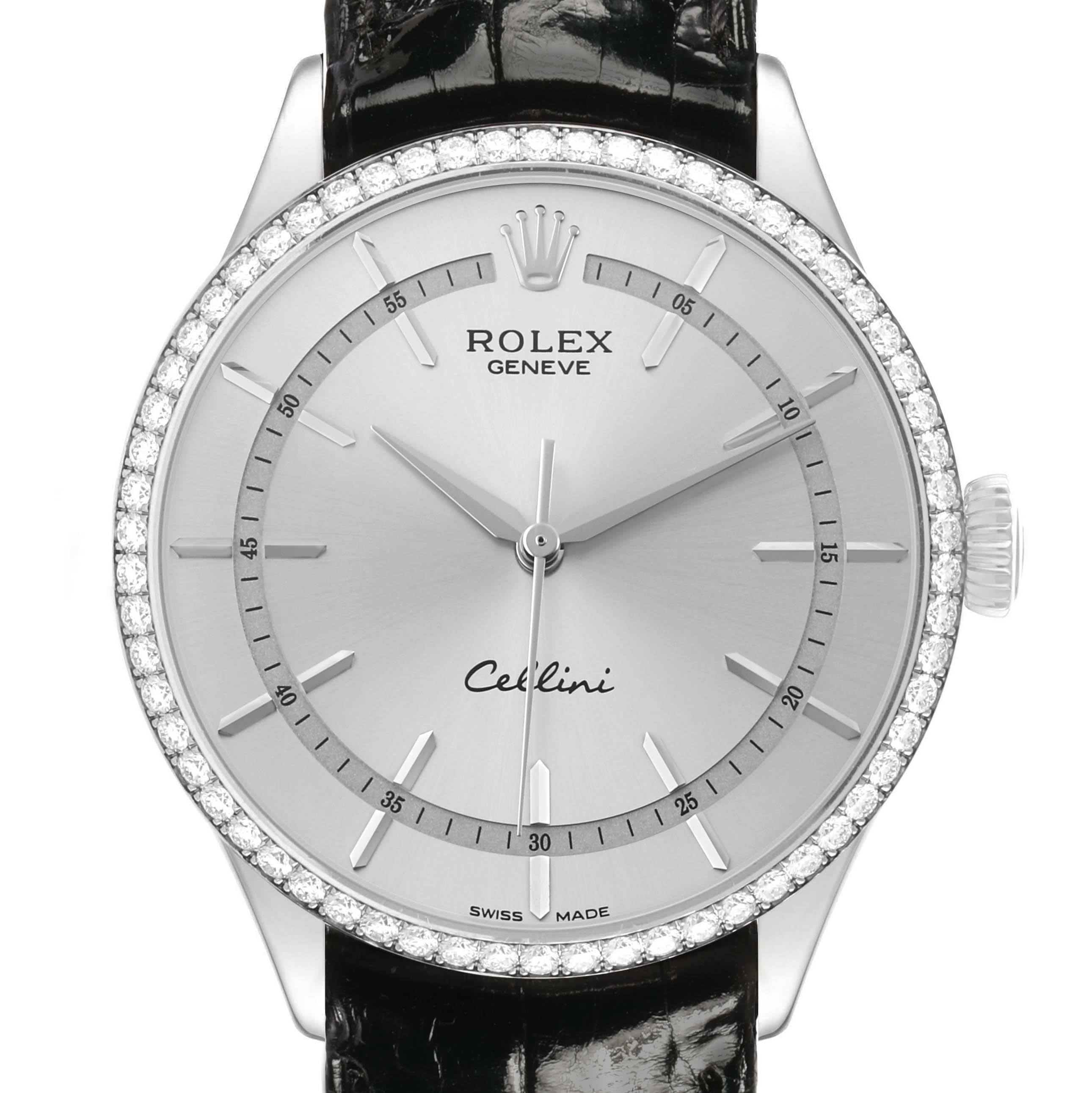 The Rolex Cellini 50709 Men's White Gold Silver Dial watch is shown from a frontal angle, highlighting its dial, bezel, and part of the strap.