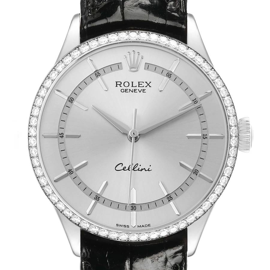 The Rolex Cellini 50709 Men's White Gold Silver Dial watch is shown from a frontal angle, highlighting its dial, bezel, and part of the strap.