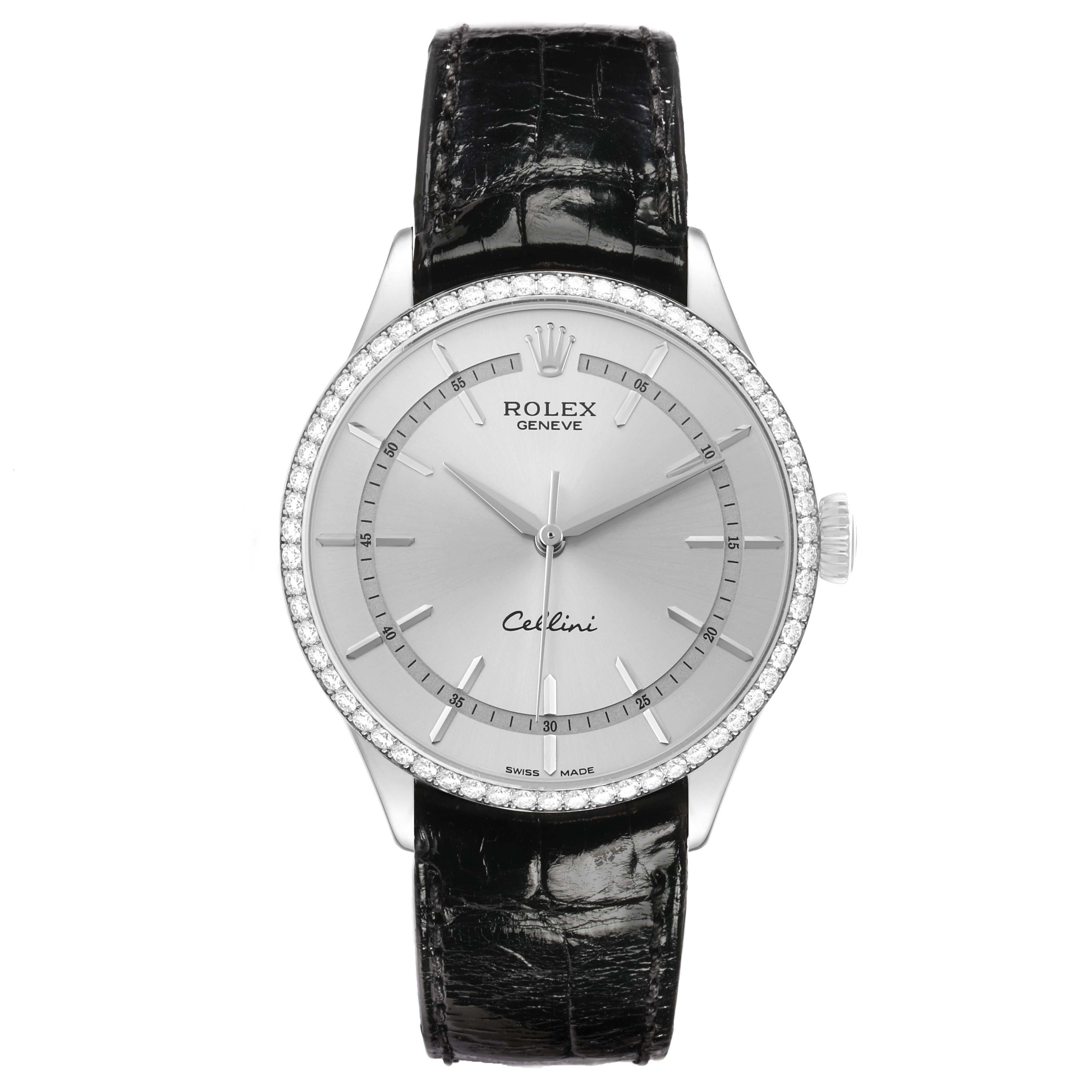 The Rolex Cellini 50709 Men's White Gold Silver Dial watch is shown from a front angle, displaying the dial, bezel, crown, and leather strap.