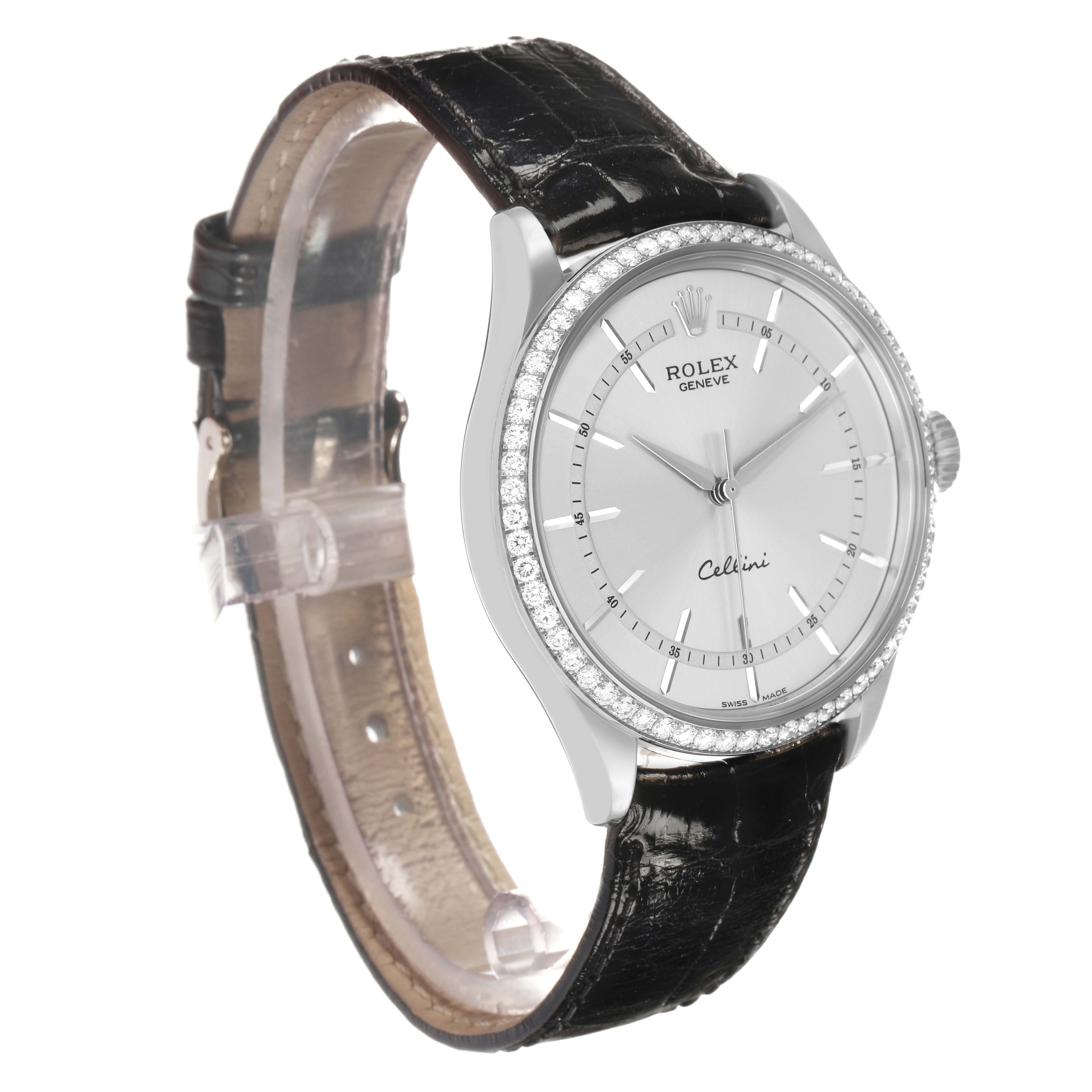 The Rolex Cellini 50709 Men's White Gold Silver Dial watch is shown at a three-quarter angle, highlighting the face, bezel, and leather strap.