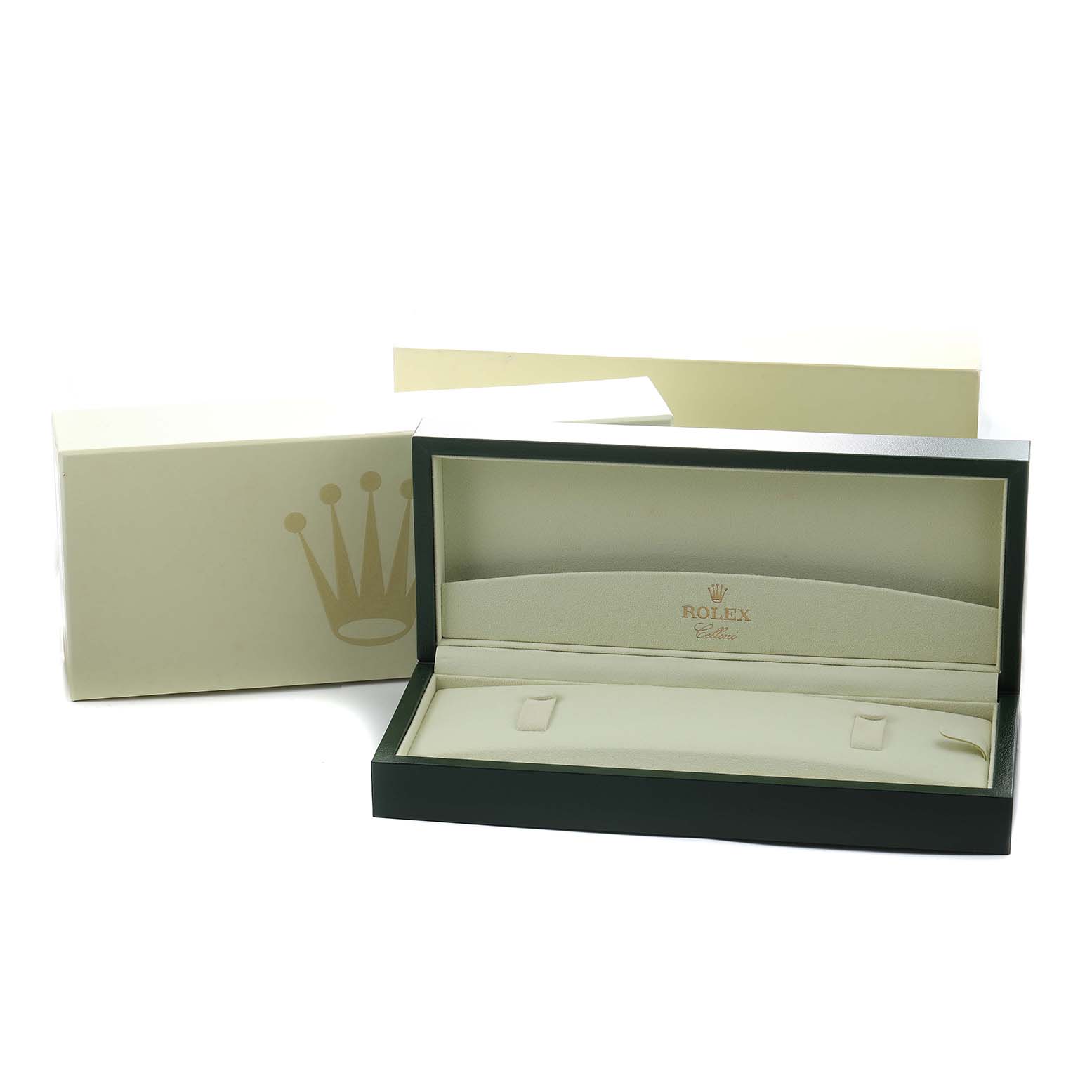 The image shows the open box and outer packaging for a Rolex Cellini 50709 Men's White Gold Silver Dial watch, with branding visible on the interior.