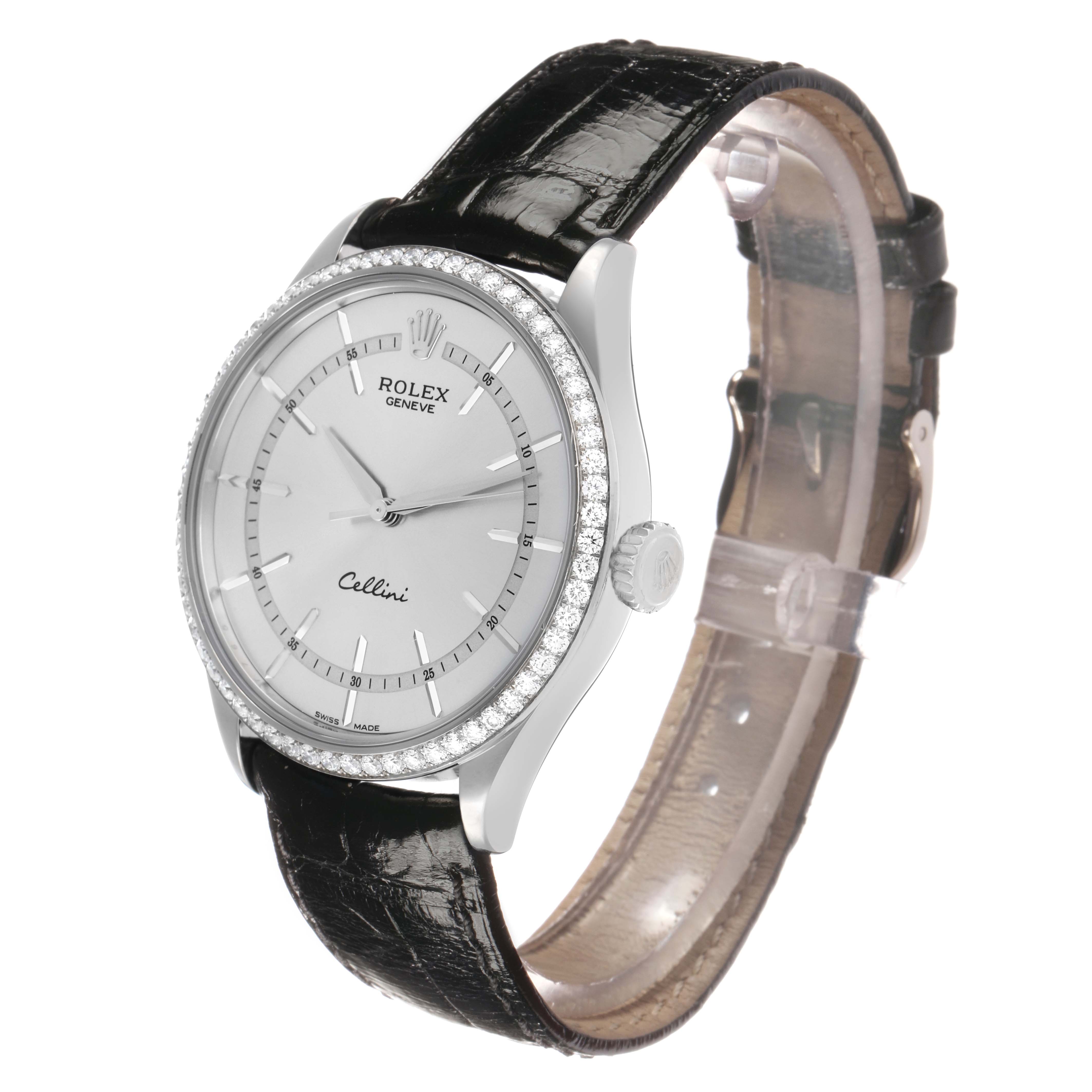 The Rolex Cellini 50709 Men's White Gold Silver Dial watch is shown at a three-quarter angle, highlighting its face, bezel, and leather strap.