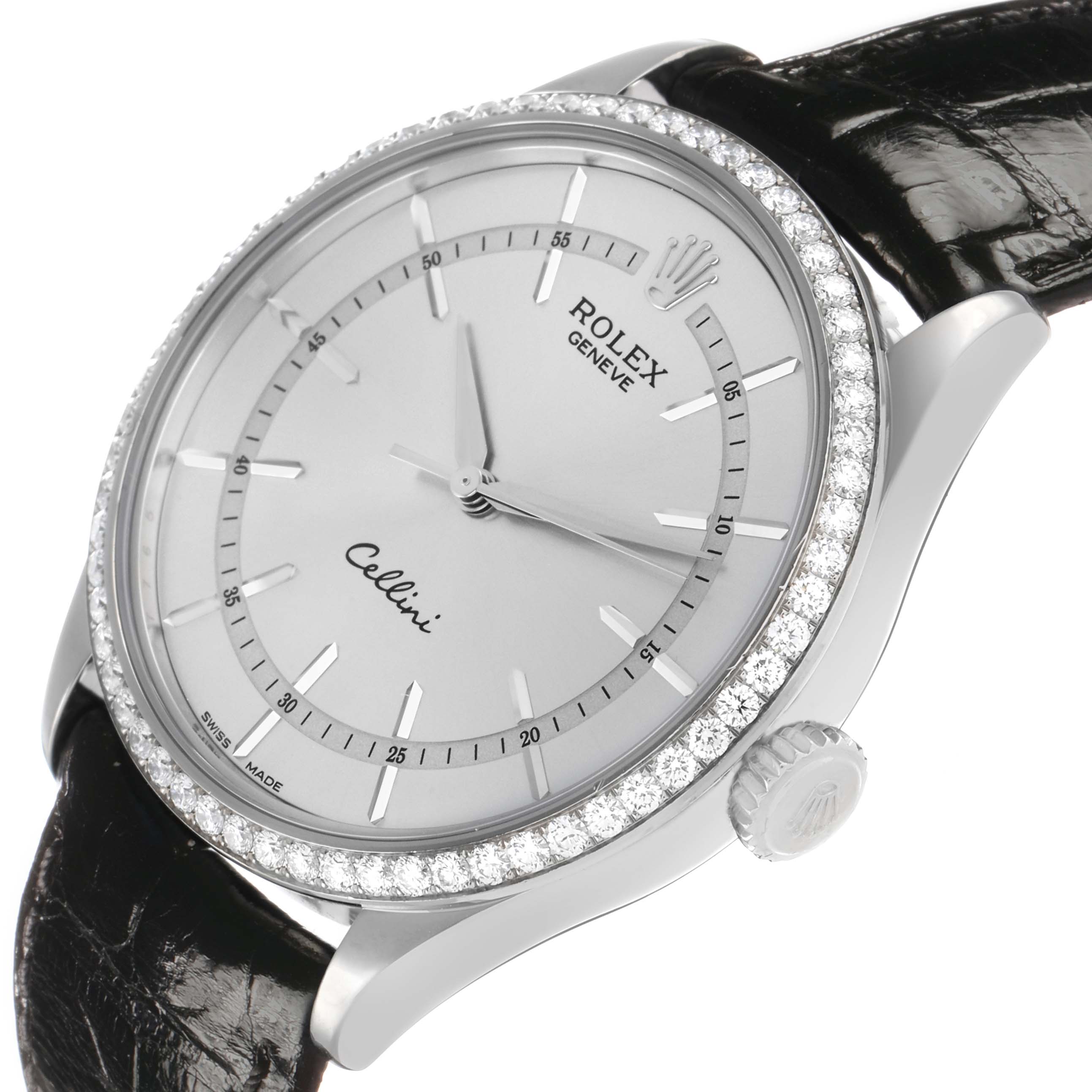 The image shows a Rolex Cellini 50709 Men's White Gold Silver Dial watch at a three-quarter angle, highlighting the bezel, dial, and crown.