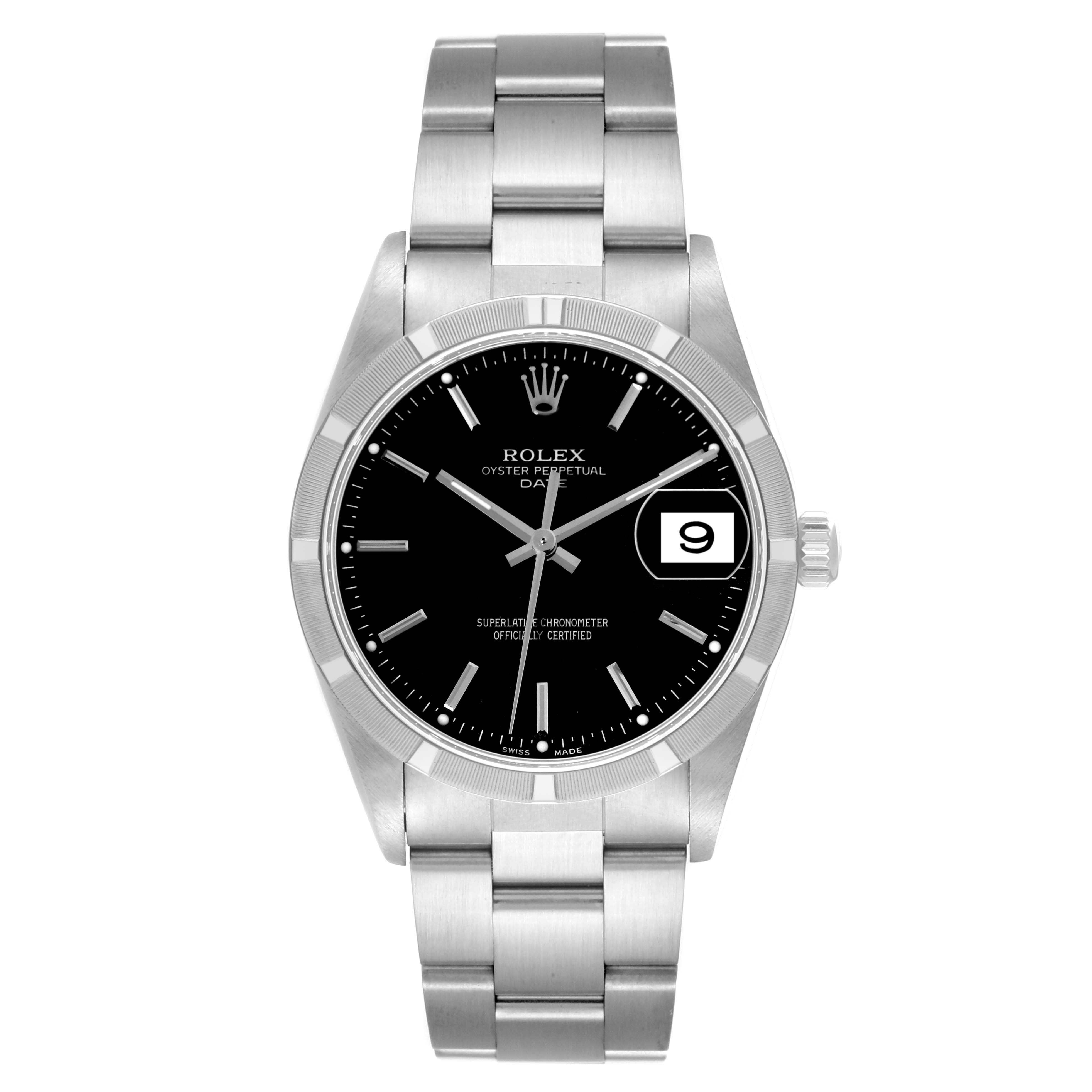 The image shows a front view of a Rolex Date 15210 Men's Stainless Steel Black Dial 15210 Men's Stainless Steel Black Dial model watch, featuring its bracelet, bezel, dial, and date window.