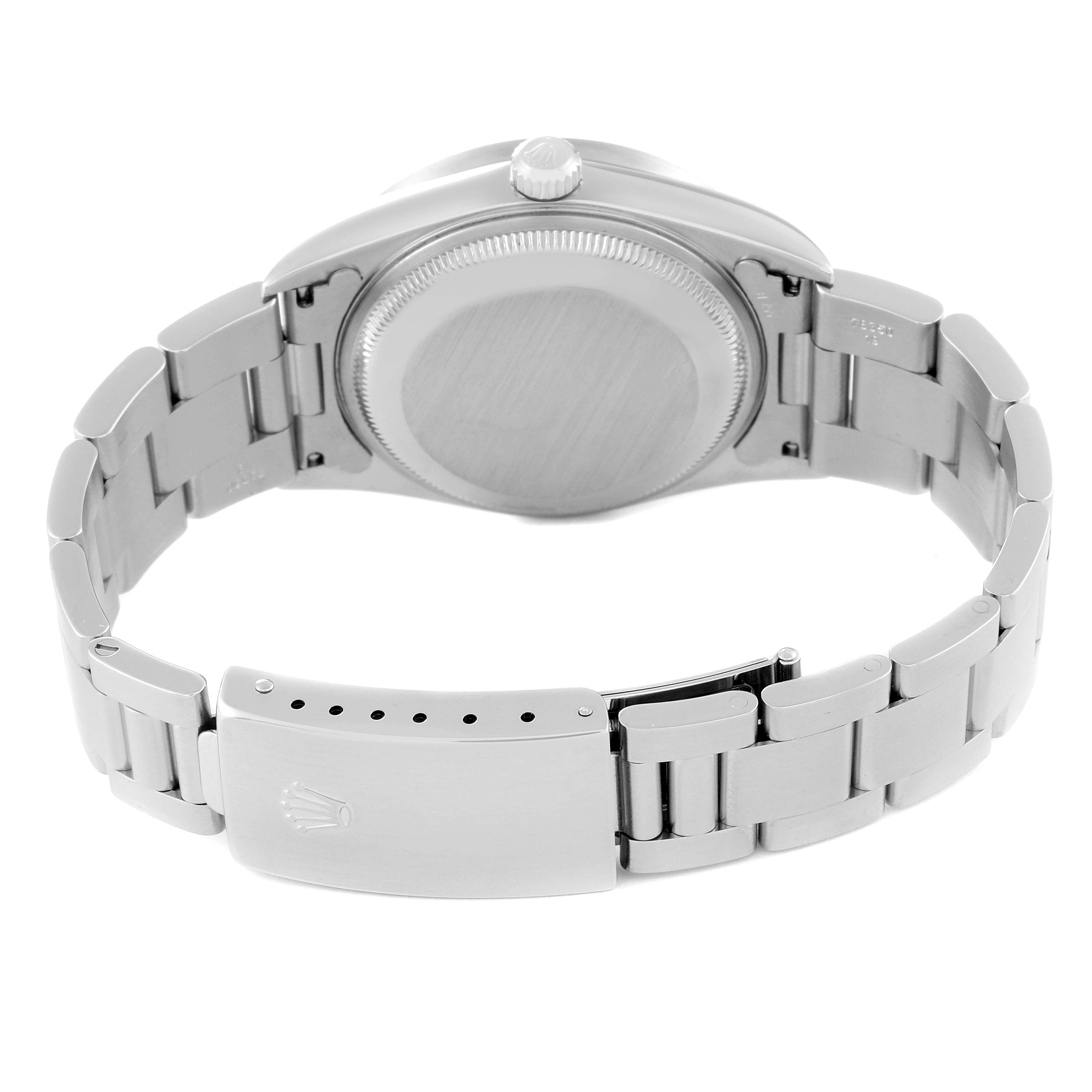 The image shows the back view of a Rolex Date 15210 Men's Stainless Steel Black Dial 15210 Men's Stainless Steel Black Dial model watch, including the case back and bracelet with the Rolex clasp.