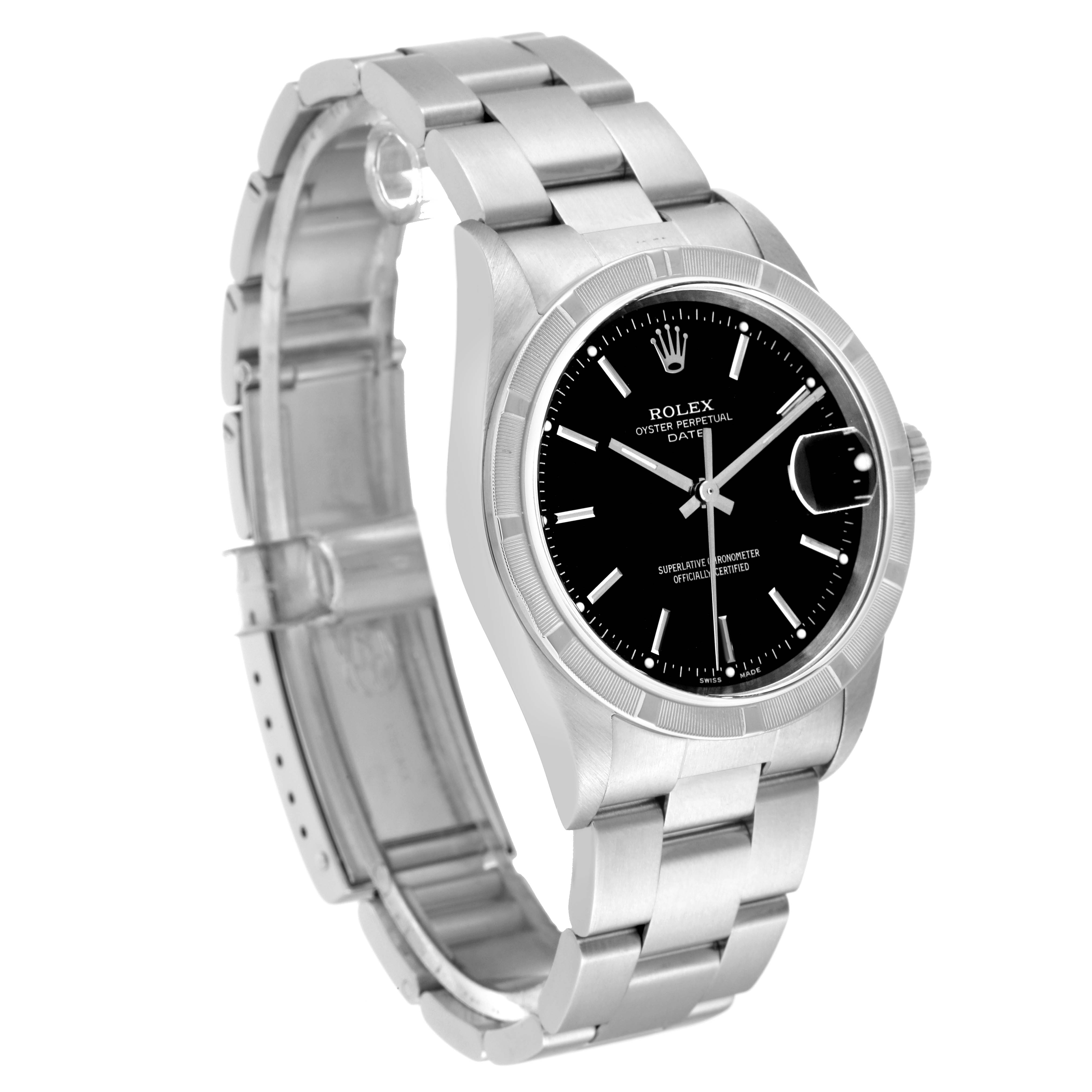 The Rolex Date 15210 Men's Stainless Steel Black Dial 15210 Men's Stainless Steel Black Dial model watch is shown from a three-quarter angle, displaying the face, case, and part of the bracelet.