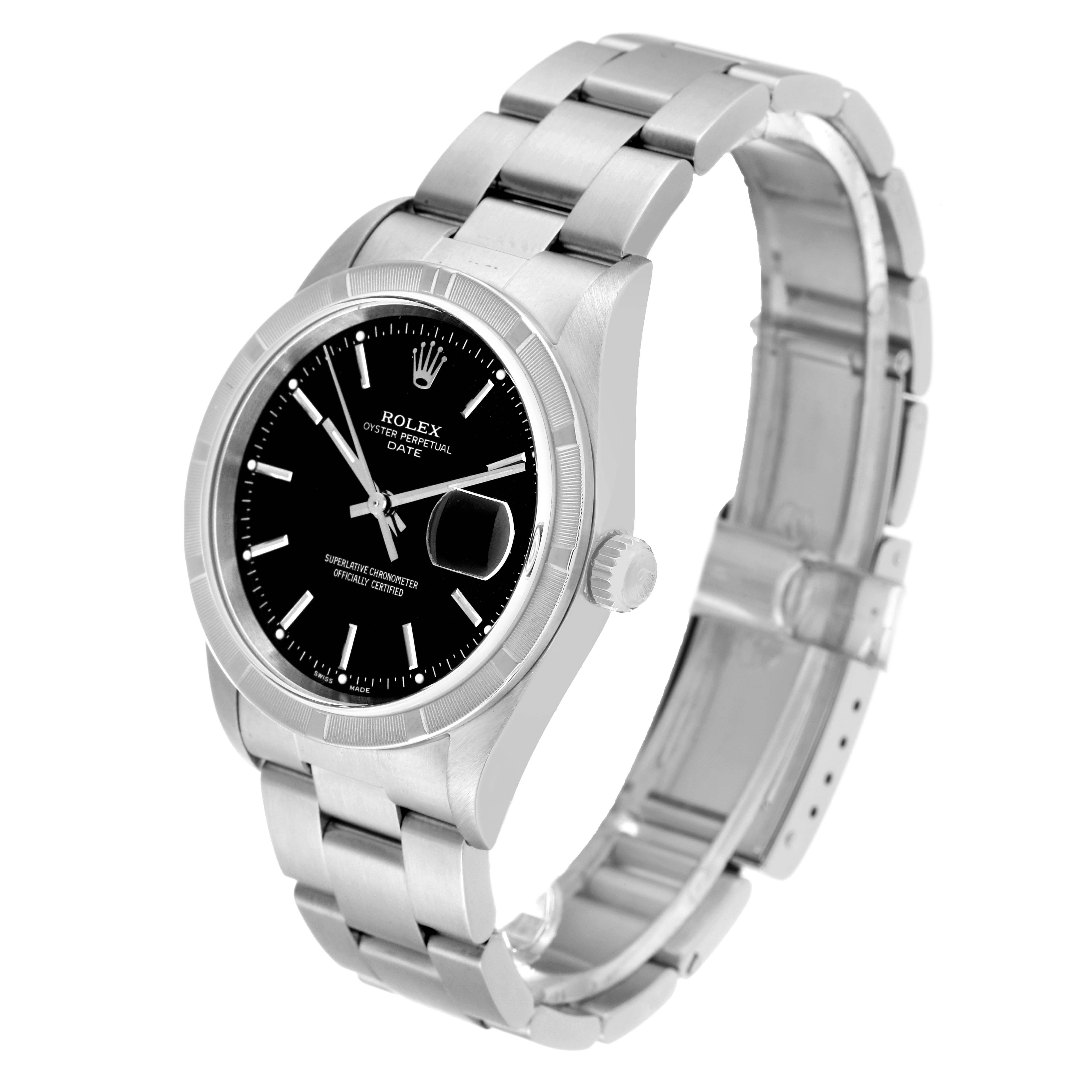 The Rolex Date 15210 Men's Stainless Steel Black Dial 15210 Men's Stainless Steel Black Dial watch is shown at a three-quarter angle, displaying its bracelet, bezel, crown, and dial.