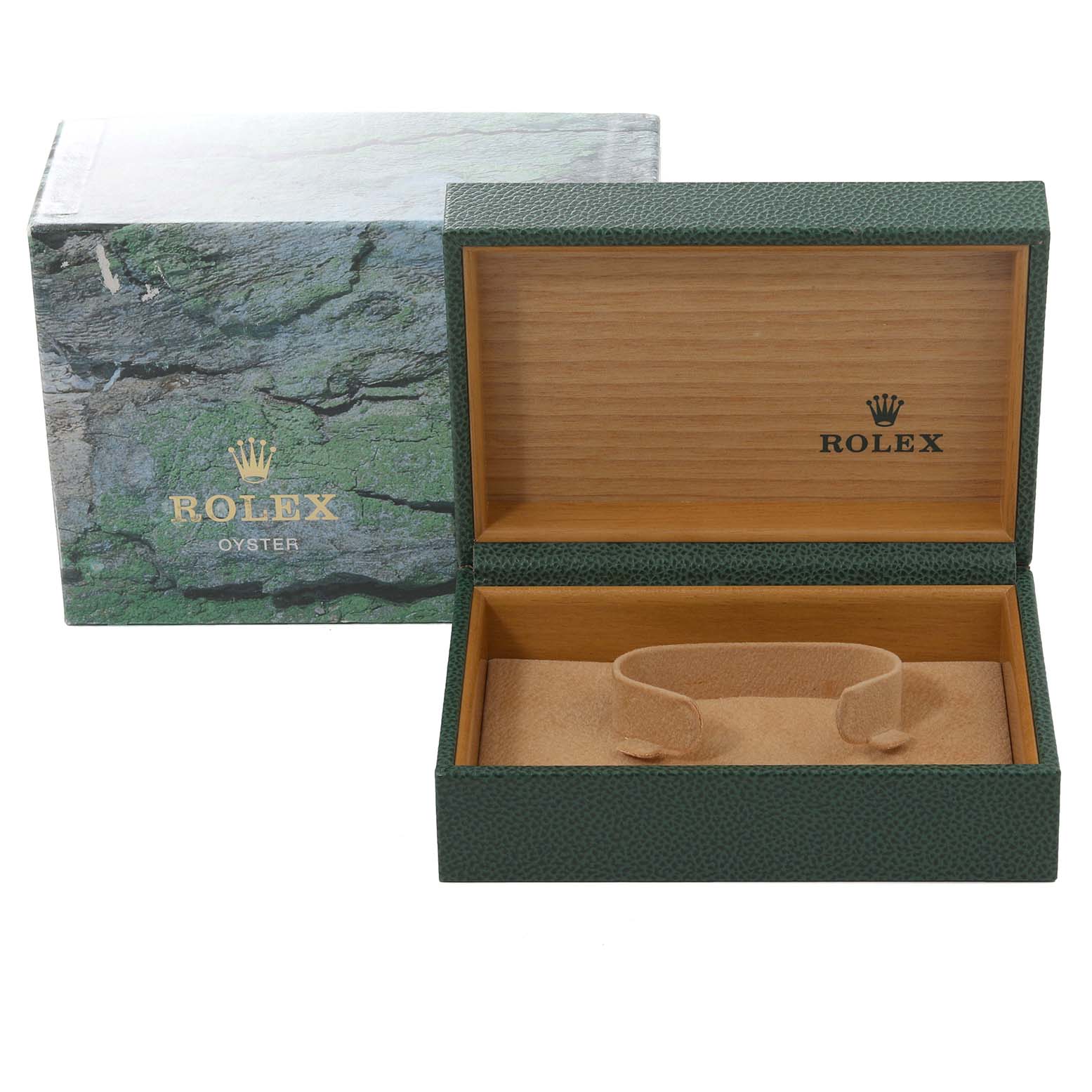 The image shows a Rolex Date 15210 Men's Stainless Steel Black Dial 15210 Men's Stainless Steel Black Dial model watch box and packaging, with an open interior.