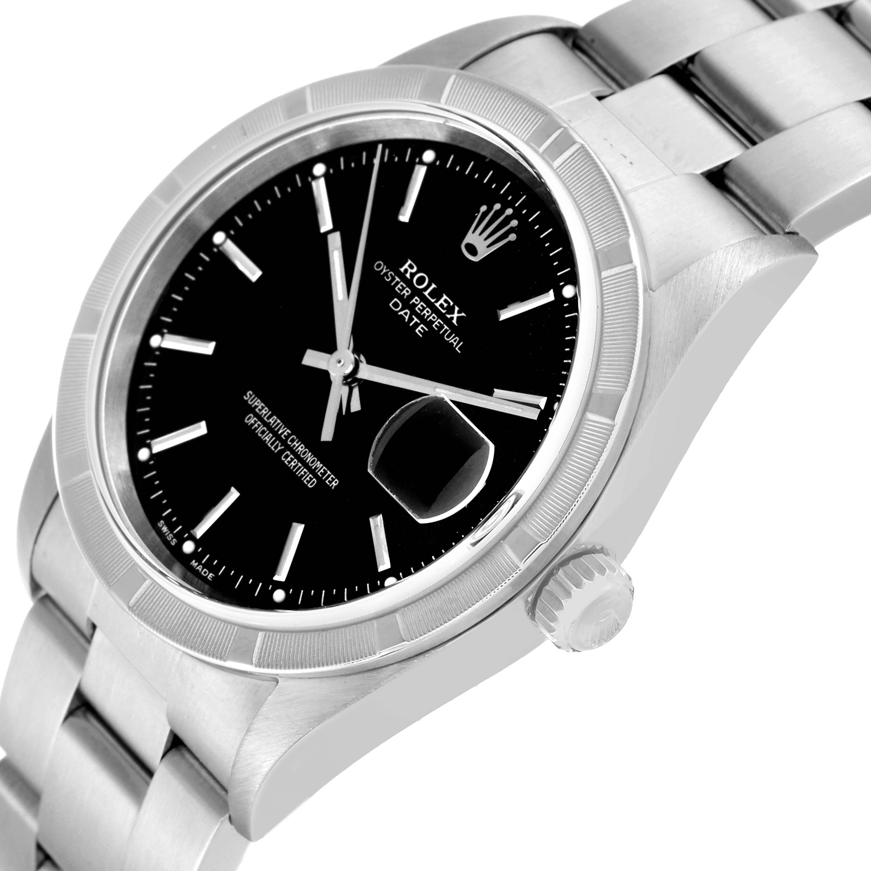 The image shows a Rolex Date 15210 Men's Stainless Steel Black Dial 15210 Men's Stainless Steel Black Dial model watch at an angle, highlighting the face, bezel, crown, and part of the bracelet.