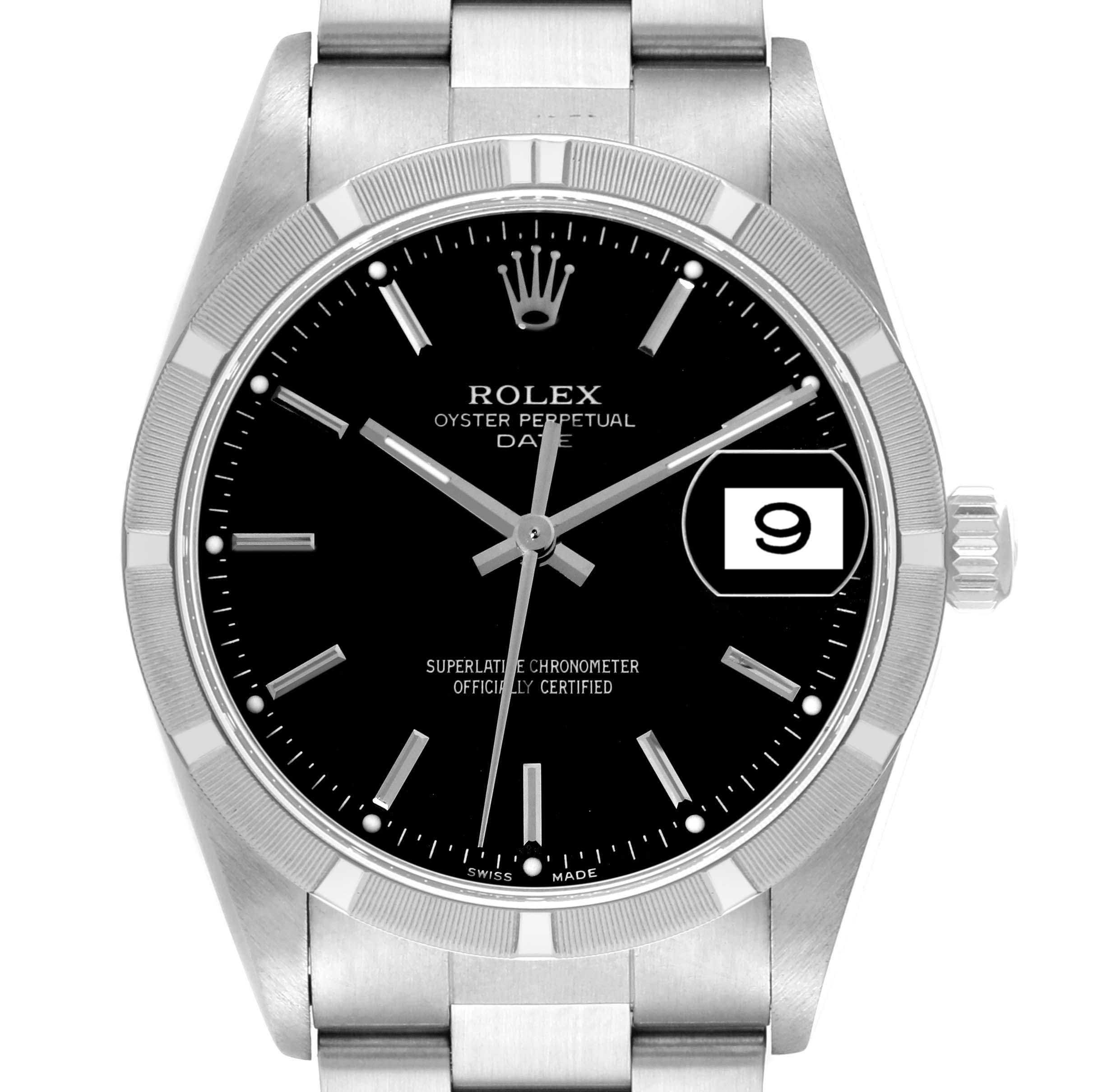 The image shows a front view of the Rolex Oyster Perpetual Date displaying the face, hour markers, hands, and date window.