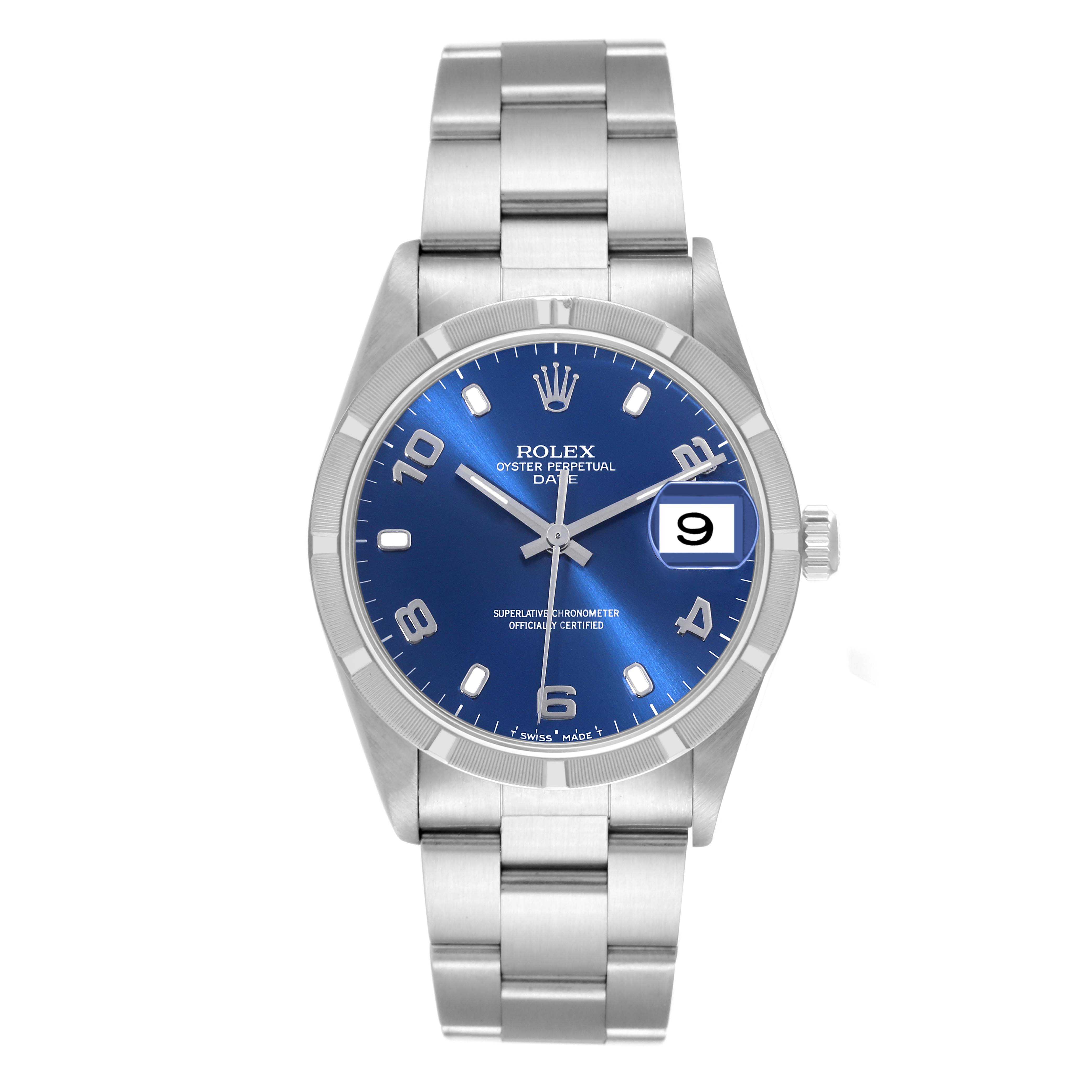 This image shows a front view of a Rolex Date 15210 Men's Stainless Steel Blue Dial 15210 Men's Stainless Steel Blue Dial model watch with a blue dial and stainless steel bracelet.