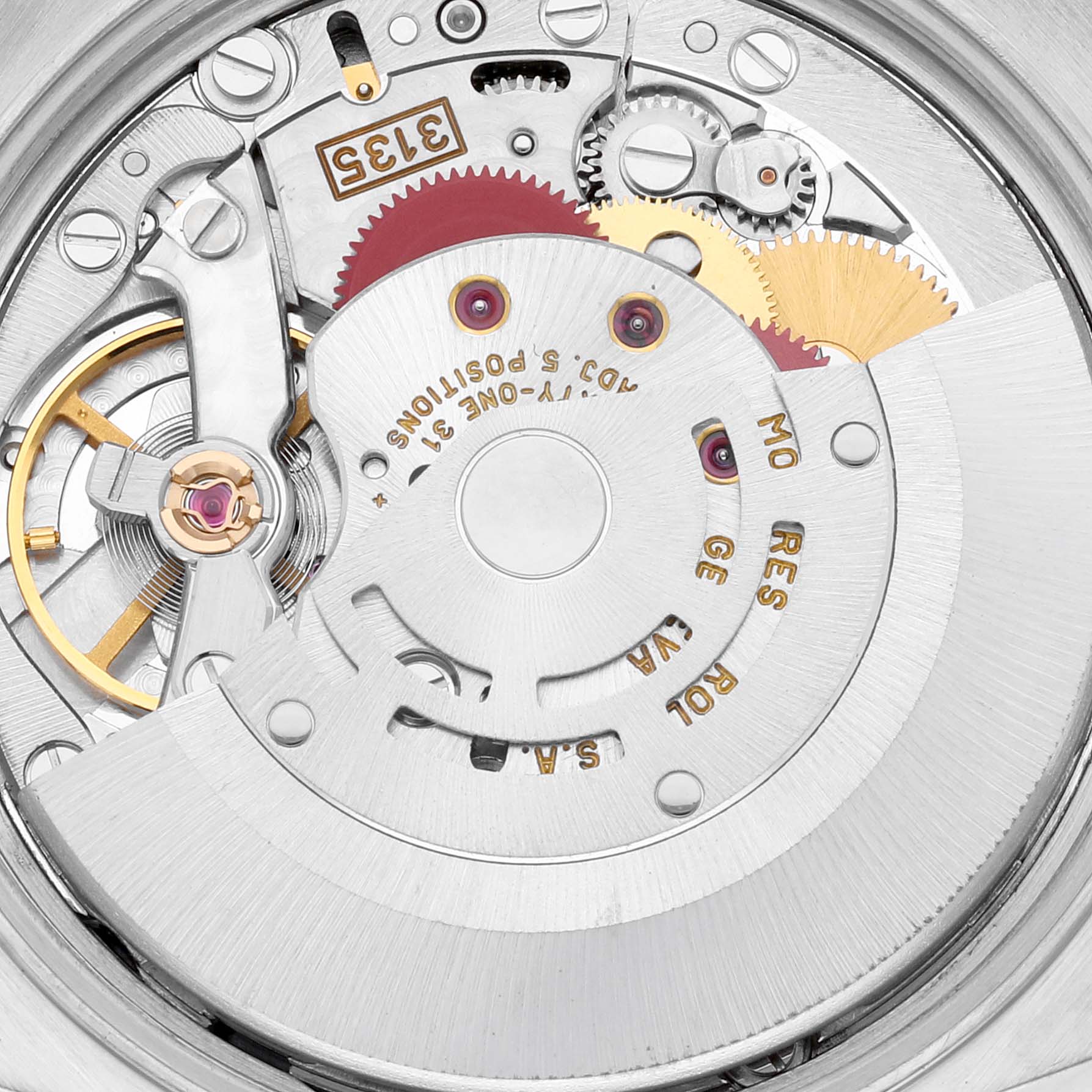 This image shows the inner mechanical movement of a Rolex Date 15210 Men's Stainless Steel Blue Dial 15210 Men's Stainless Steel Blue Dial model watch from a close-up angle.