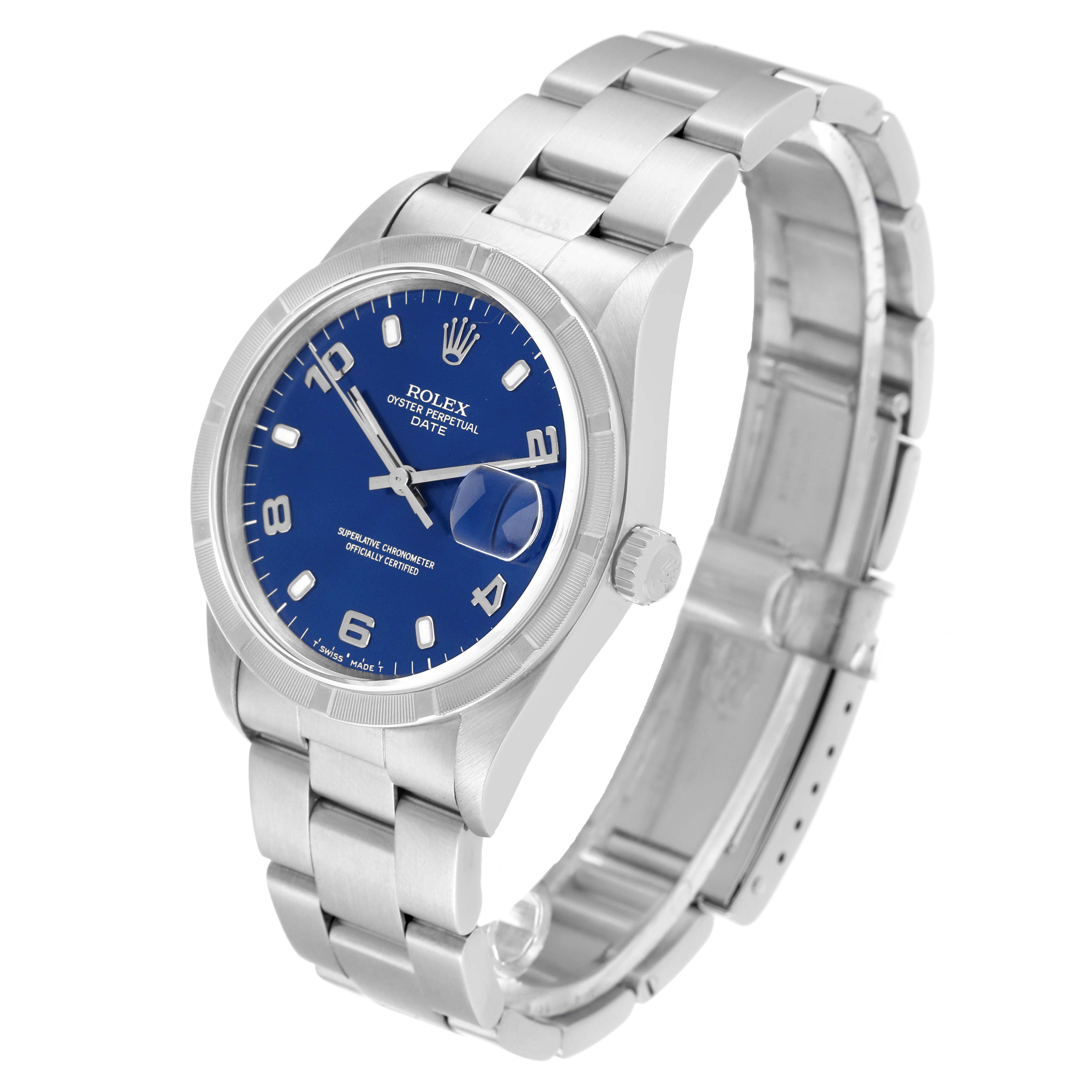 The Rolex Date 15210 Men's Stainless Steel Blue Dial 15210 Men's Stainless Steel Blue Dial model watch is shown at an angled view, displaying the face, crown, and a portion of the metal bracelet.