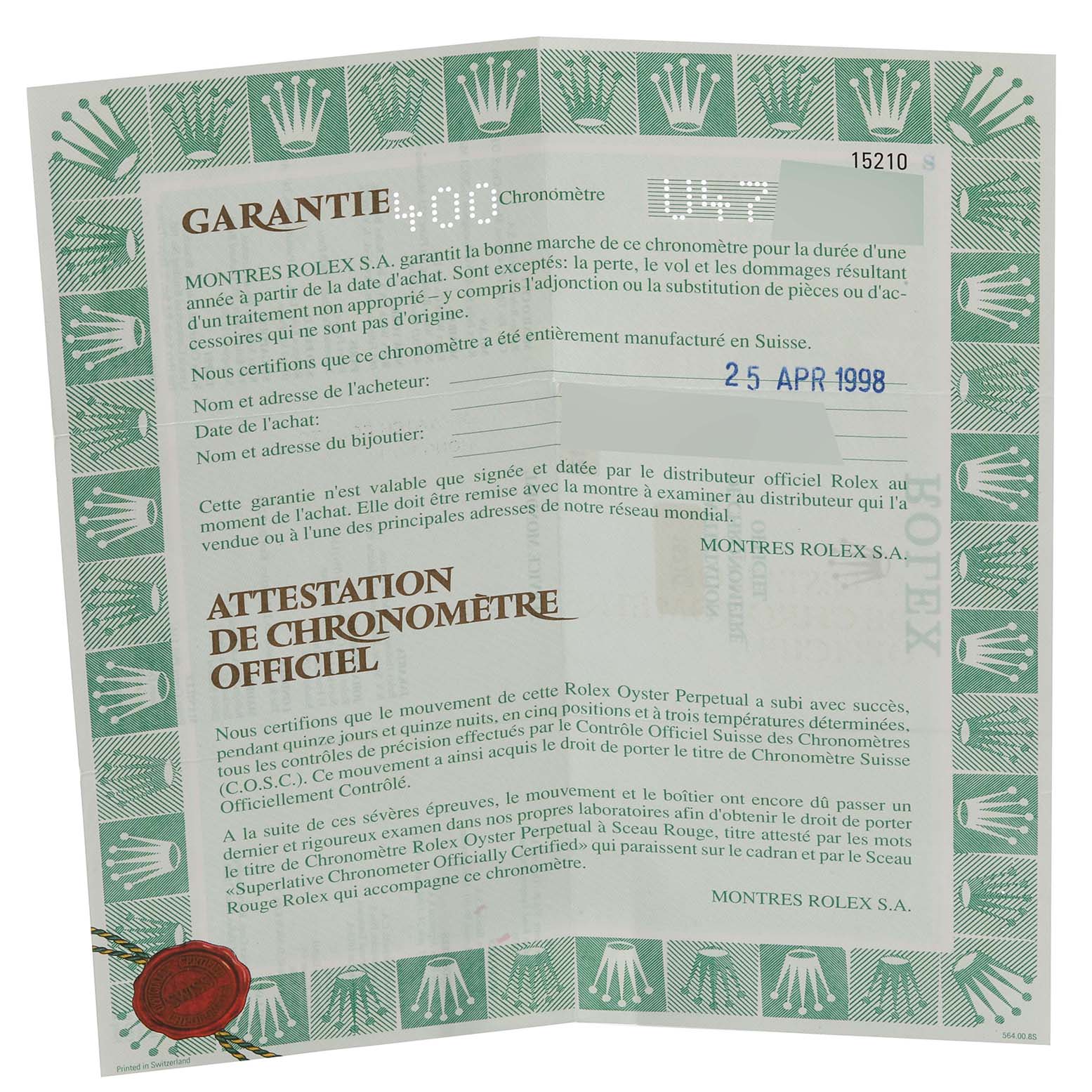 The image shows a warranty certificate or certificate of authenticity for a Rolex Date 15210 Men's Stainless Steel Blue Dial 15210 Men's Stainless Steel Blue Dial model watch.