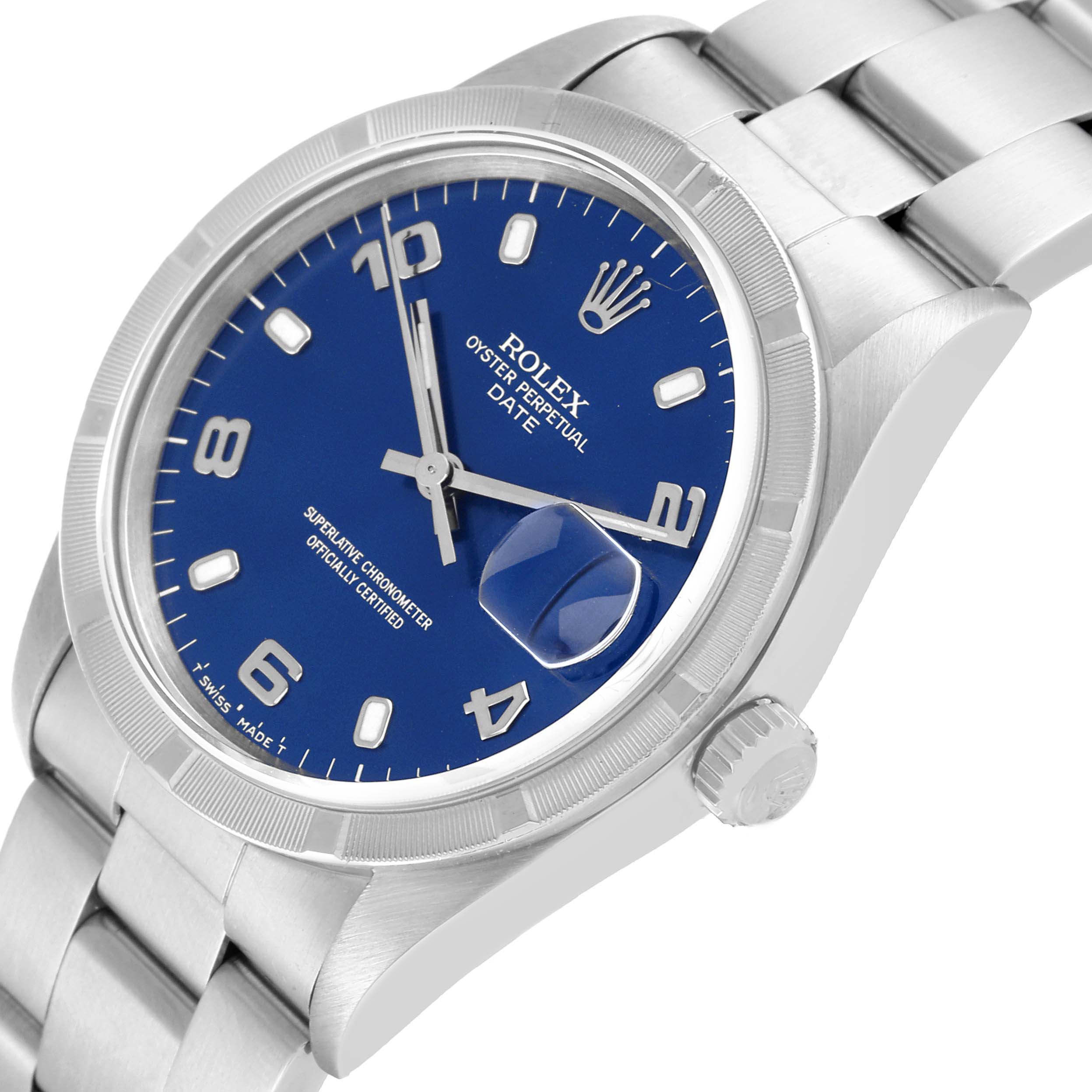 The image shows a close-up angled view of a Rolex Oyster Perpetual Date model, displaying the dial, crown, and part of the bracelet.