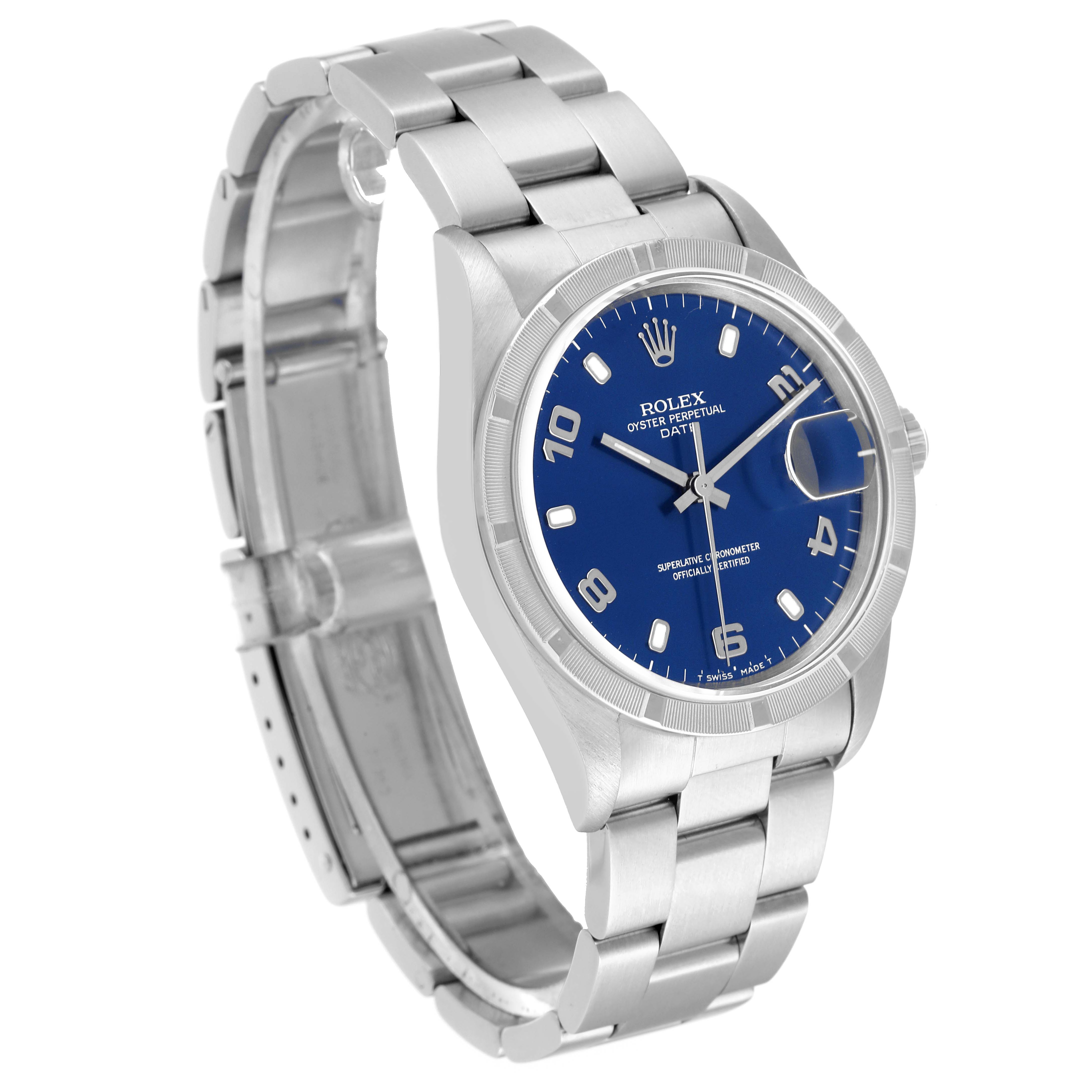 The Rolex Date 15210 Men's Stainless Steel Blue Dial 15210 Men's Stainless Steel Blue Dial model watch is shown at an angled view, displaying its blue dial, silver bracelet, and partially open clasp.