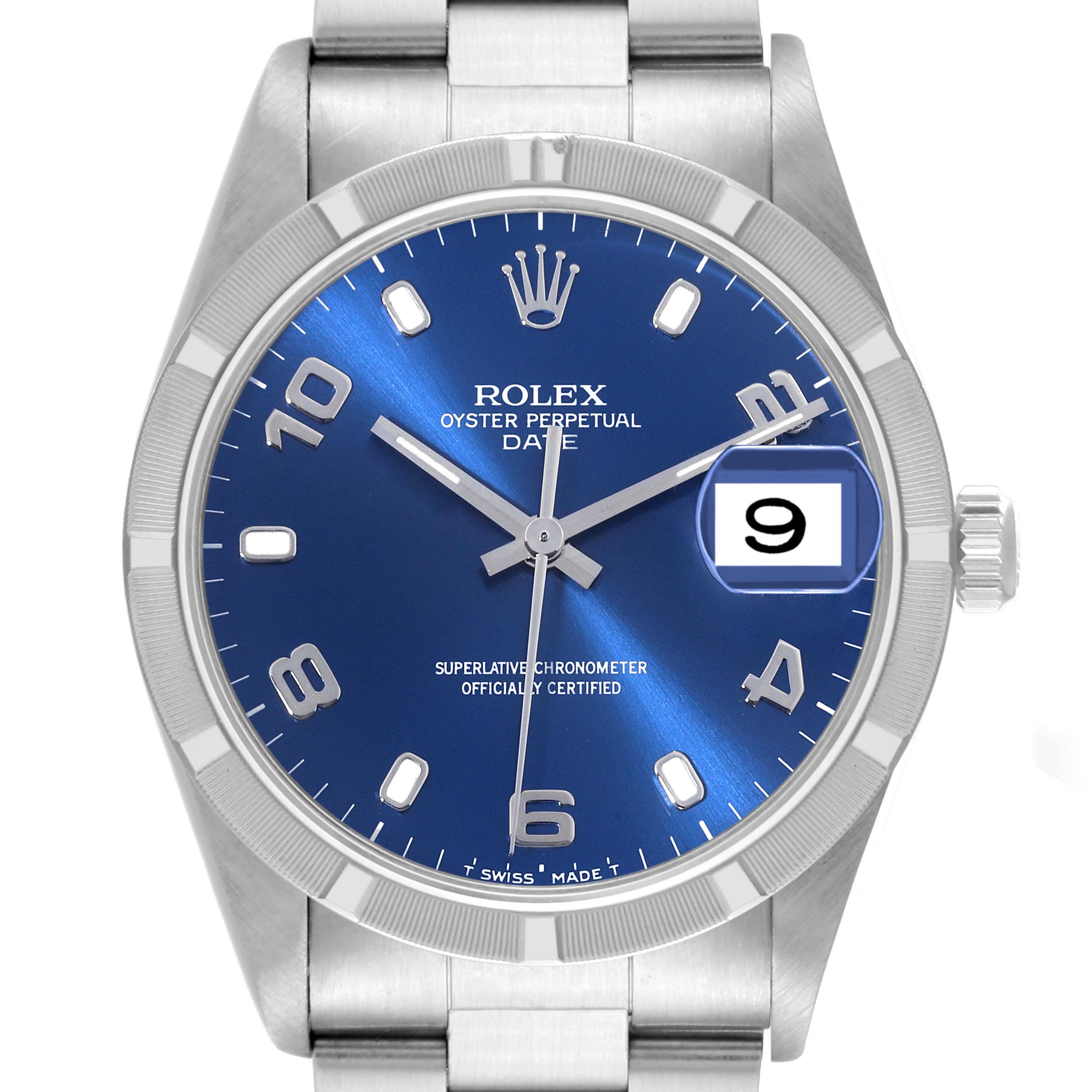 The Rolex Oyster Perpetual Date watch is shown from the front, highlighting the blue dial, date window, and crown.