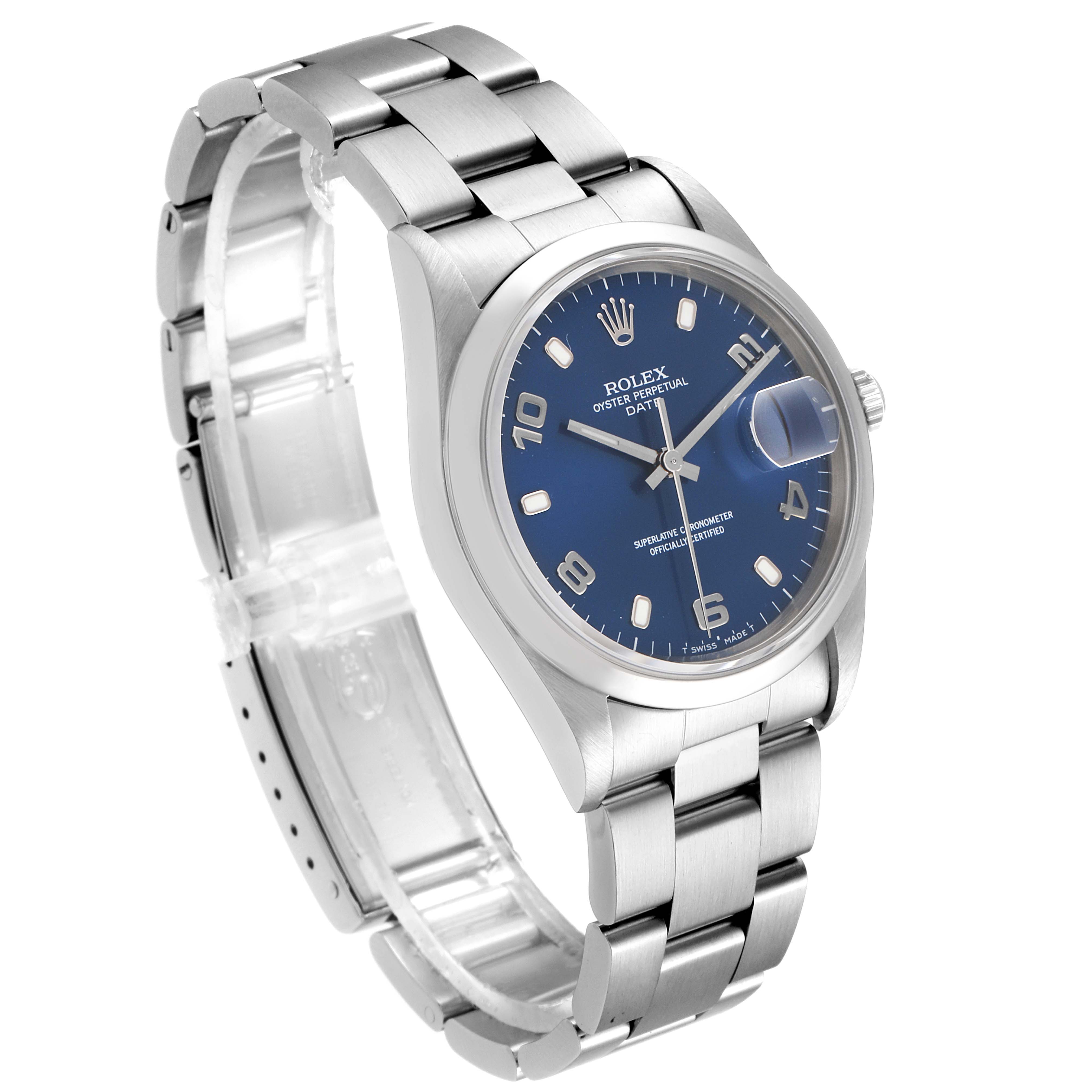 The image shows a Rolex Date 15200 Men's Stainless Steel Blue Dial 15200 Men's Stainless Steel Blue Dial model watch at an oblique angle, displaying the blue dial, bracelet, and lugs.