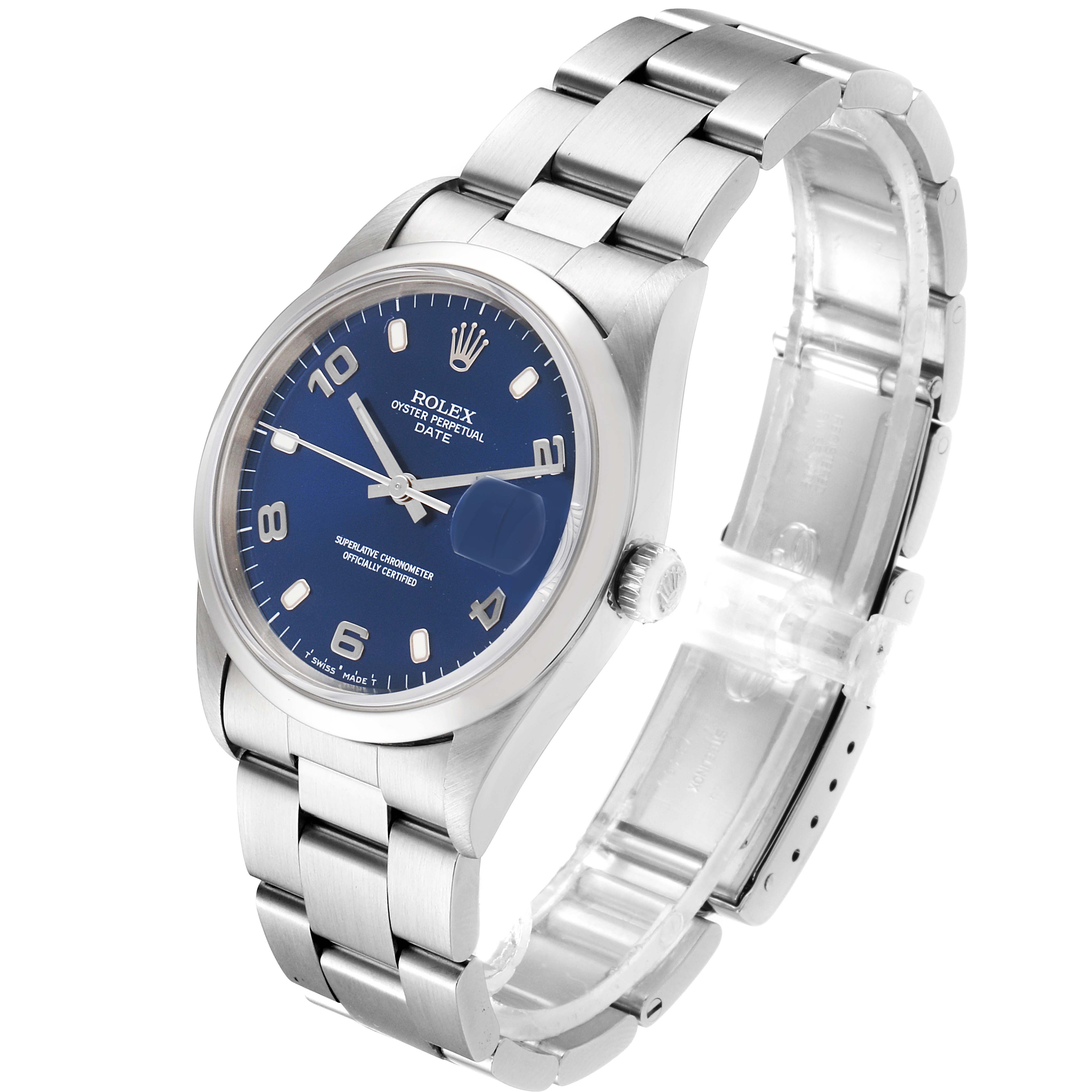 This image shows a Rolex Date 15200 Men's Stainless Steel Blue Dial 15200 Men's Stainless Steel Blue Dial model from a side angle, highlighting its blue dial, crown, and metal bracelet.
