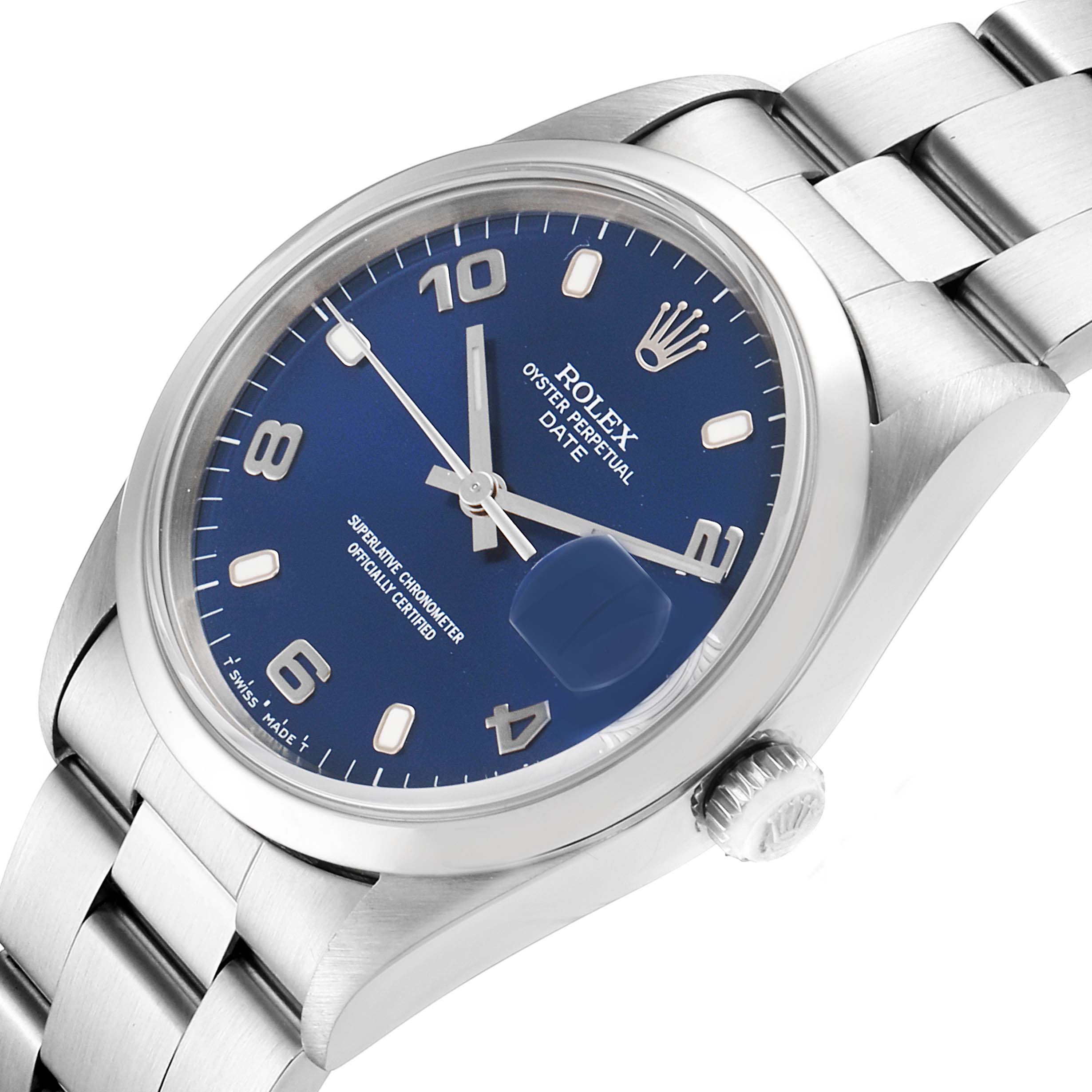 The image shows a close-up angled view of a Rolex Oyster Perpetual Date model, highlighting the dial, bezel, and part of the bracelet.