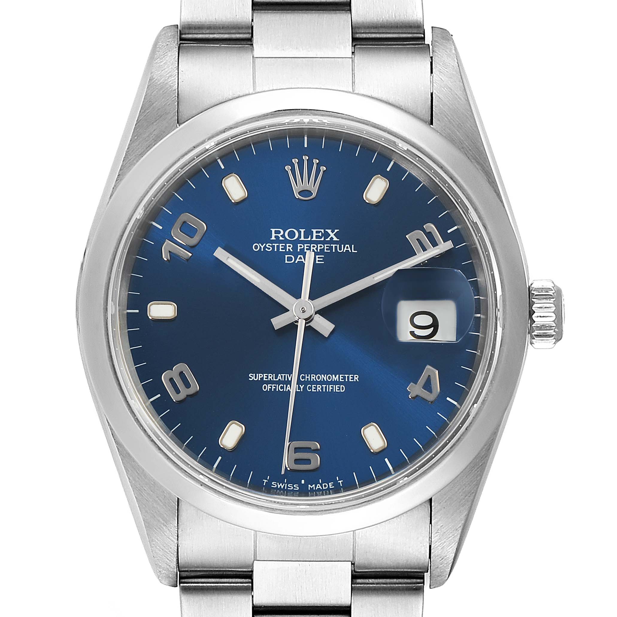 This image shows a front view of a Rolex Date 15200 Men's Stainless Steel Blue Dial 15200 Men's Stainless Steel Blue Dial model watch with a blue dial, numeric hour markers, and a date window at the 3 o'clock position.