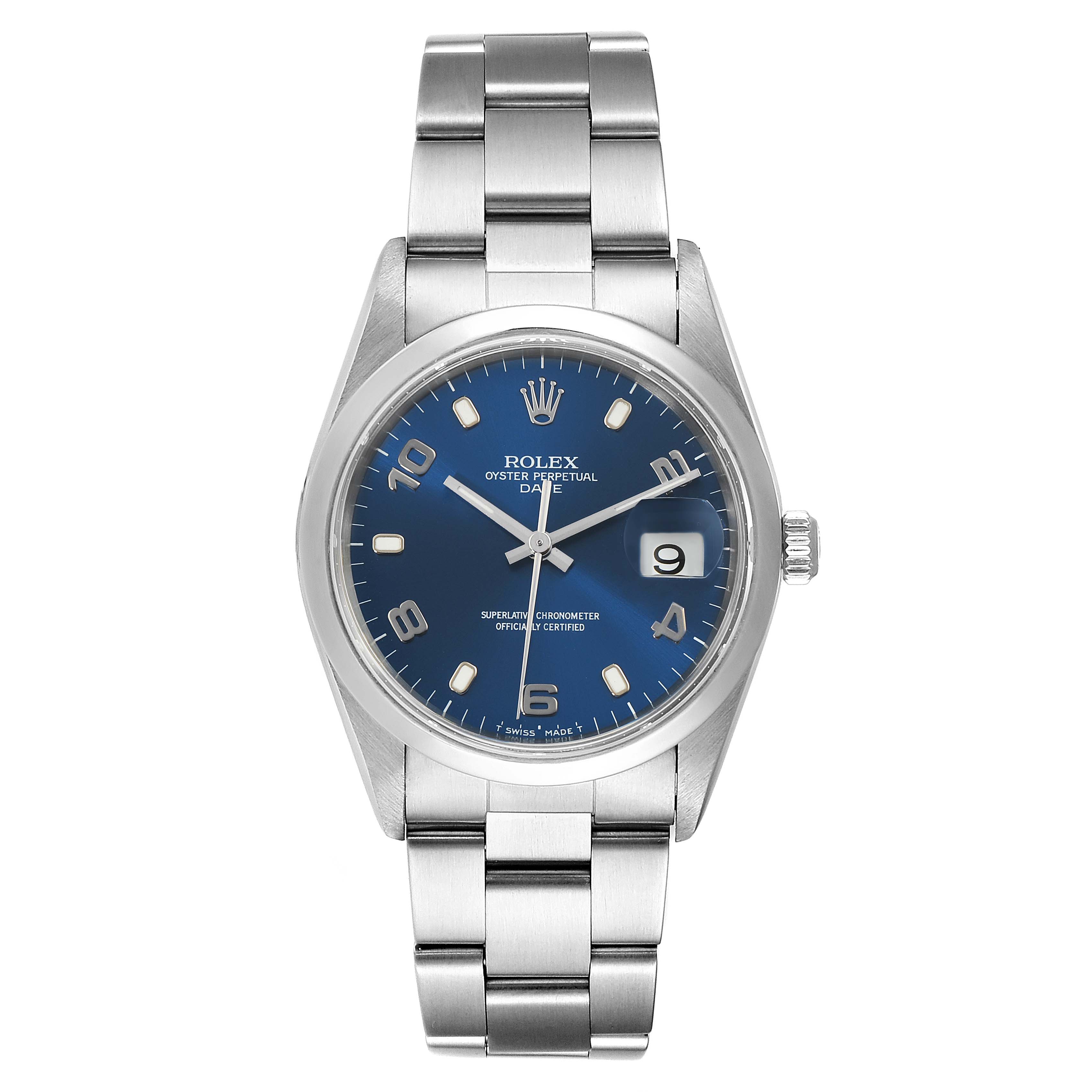 This image shows a Rolex Date 15200 Men's Stainless Steel Blue Dial 15200 Men's Stainless Steel Blue Dial model watch from the front, displaying the dial, bracelet, bezel, and date window.