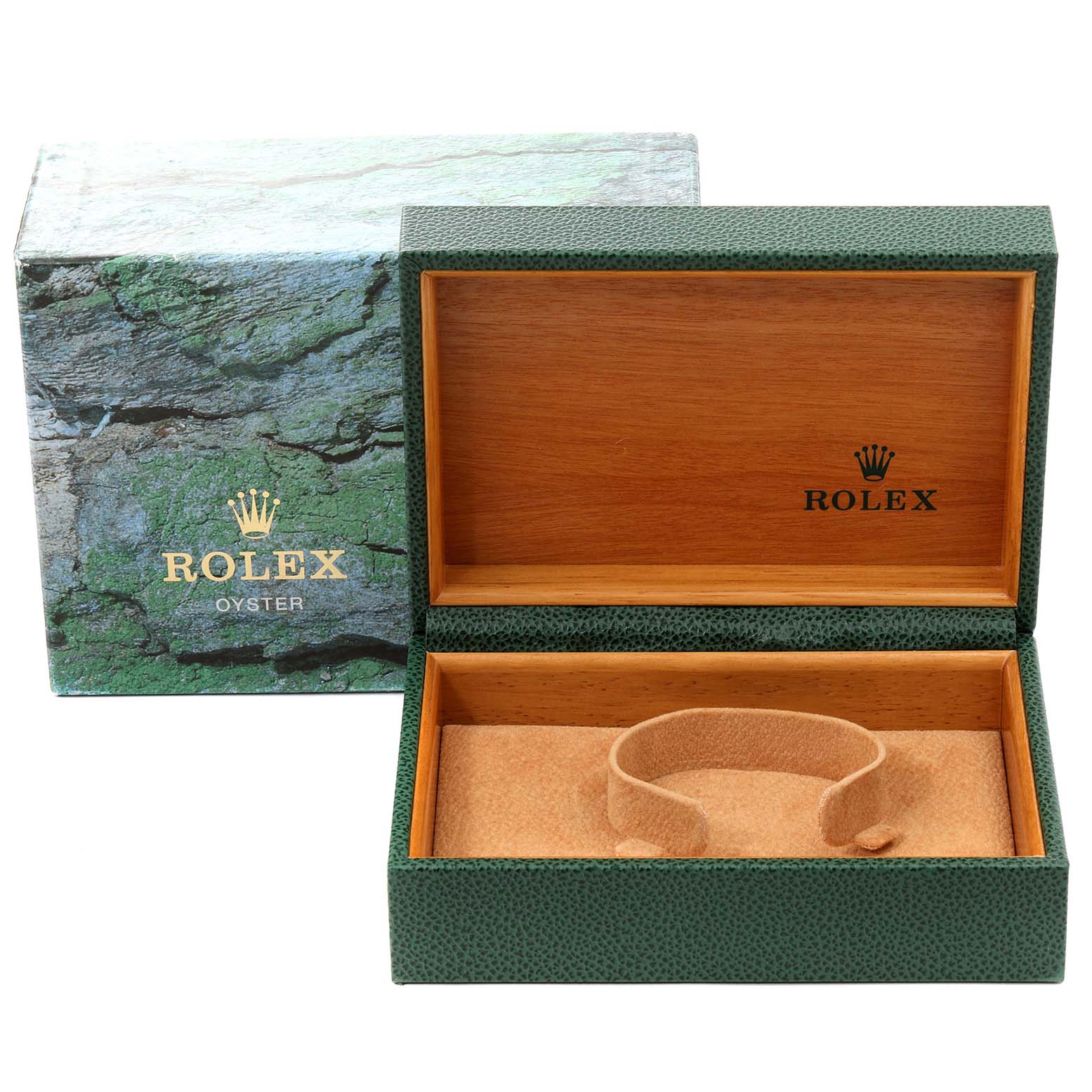 This image shows the opened box and packaging for a Rolex Date 15200 Men's Stainless Steel Blue Dial 15200 Men's Stainless Steel Blue Dial model watch, displaying the interior cushion and branding.
