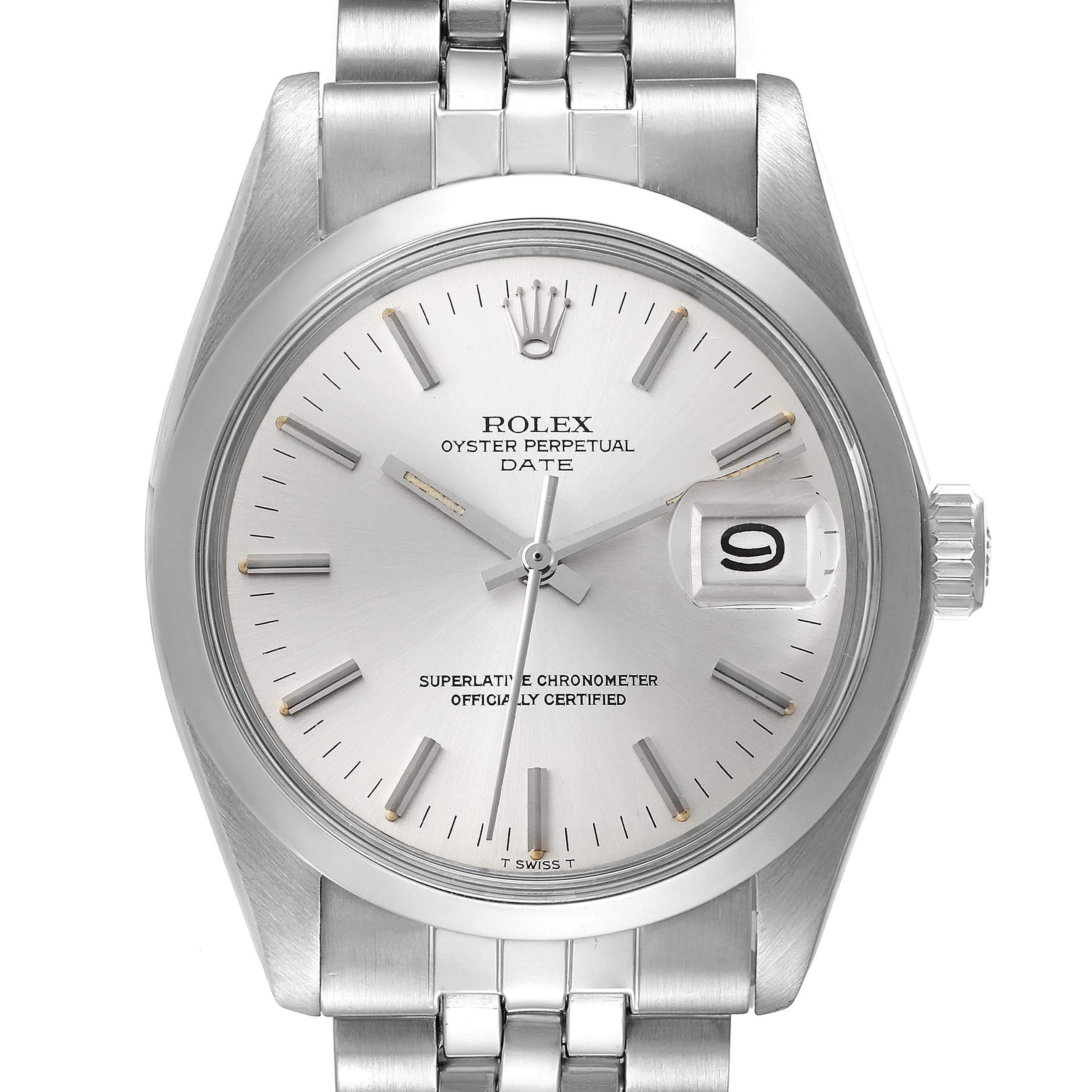 This is a head-on view of a Rolex Oyster Perpetual Date watch, showing the face, hands, date window, and part of the metal bracelet.