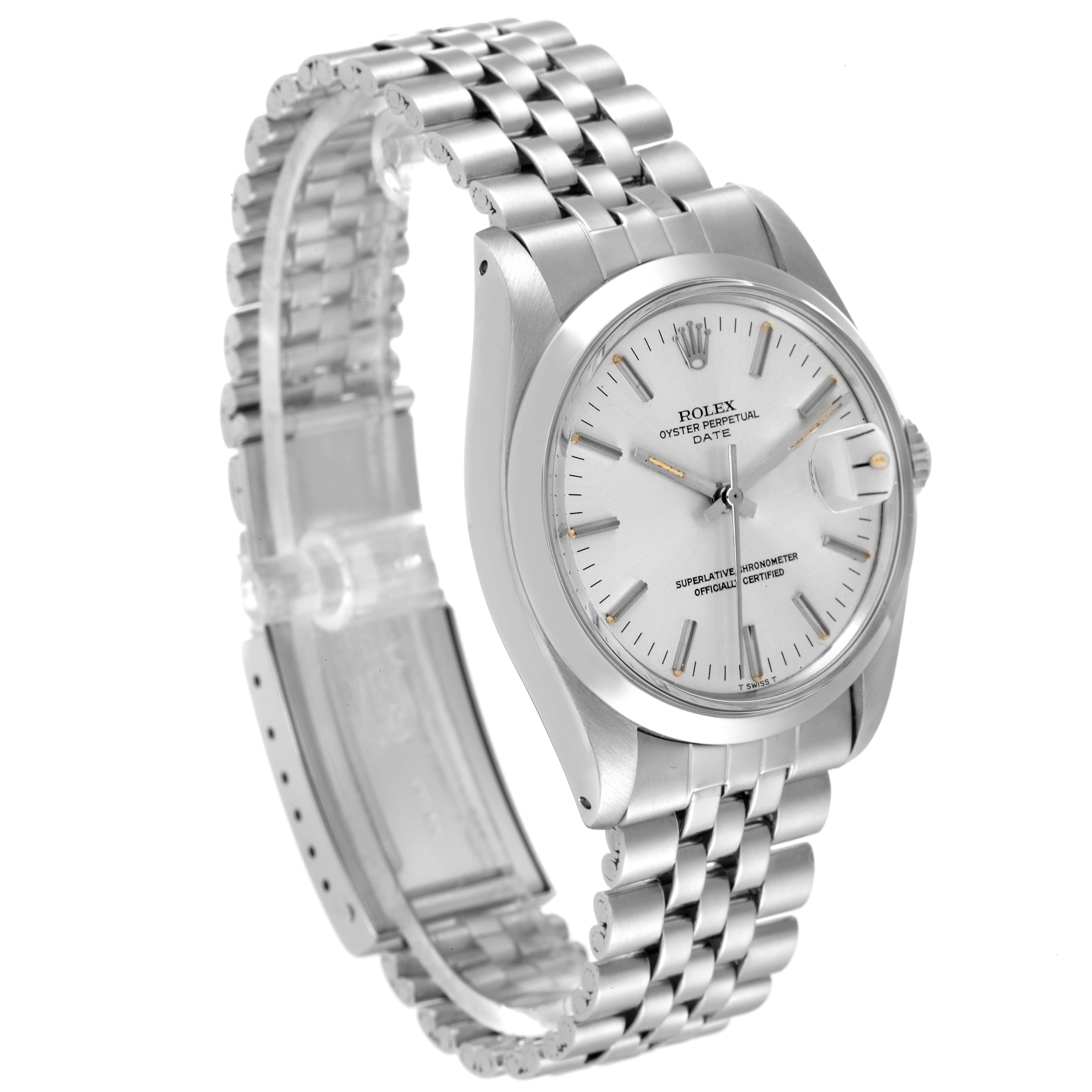 The image shows a Rolex Date 1500 Men
s Stainless Steel Silver Dial 1500 Men
s Stainless Steel Silver Dial model watch at a three-quarter angle, highlighting its bracelet, dial, and case.