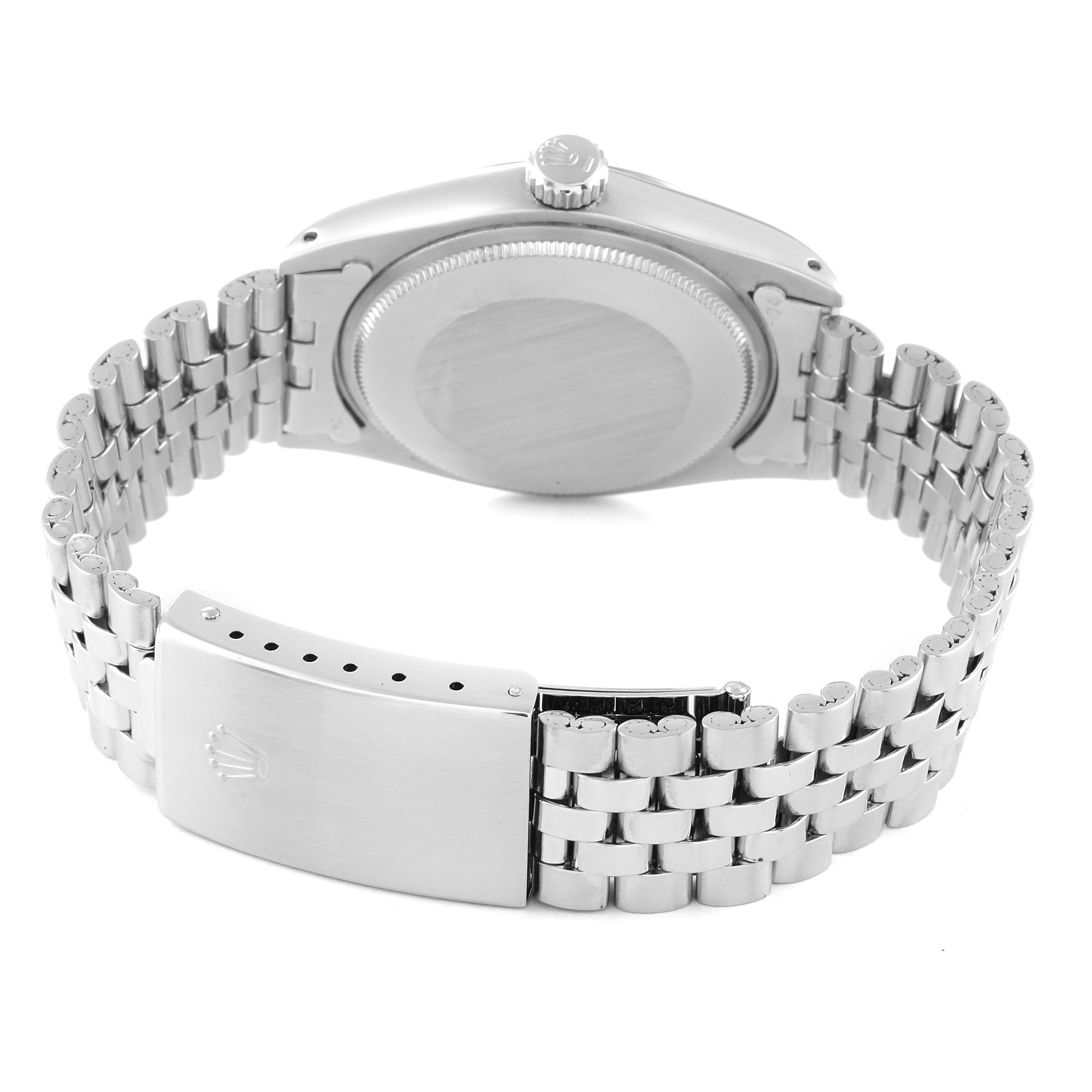 This image shows the back view, case back, crown, and bracelet clasp of a Rolex Date 1500 Men
s Stainless Steel Silver Dial 1500 Men
s Stainless Steel Silver Dial model watch.