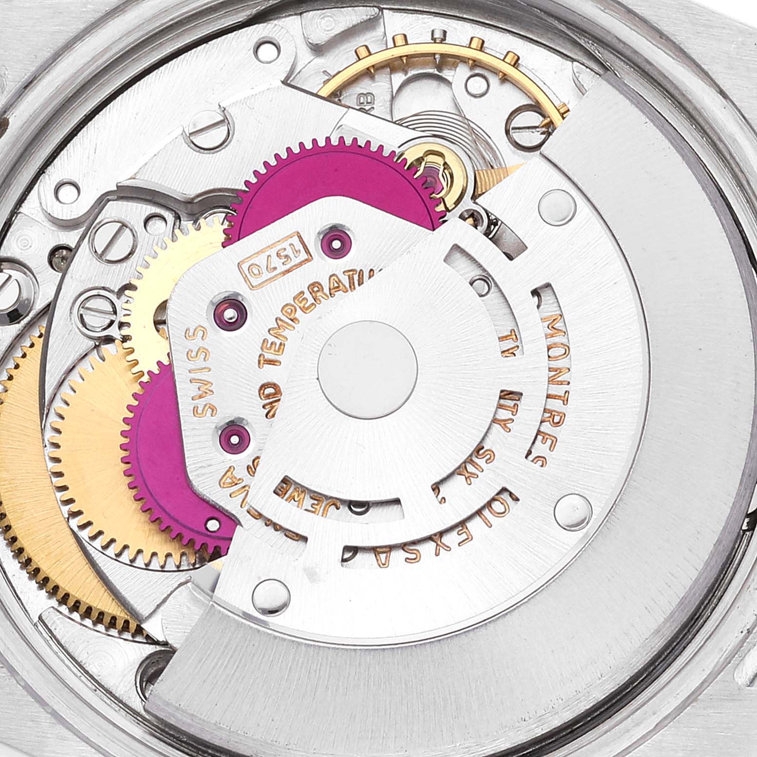 This image shows the internal mechanism of a Rolex Date 1500 Men
s Stainless Steel Silver Dial 1500 Men
s Stainless Steel Silver Dial model watch from a top-down angle.