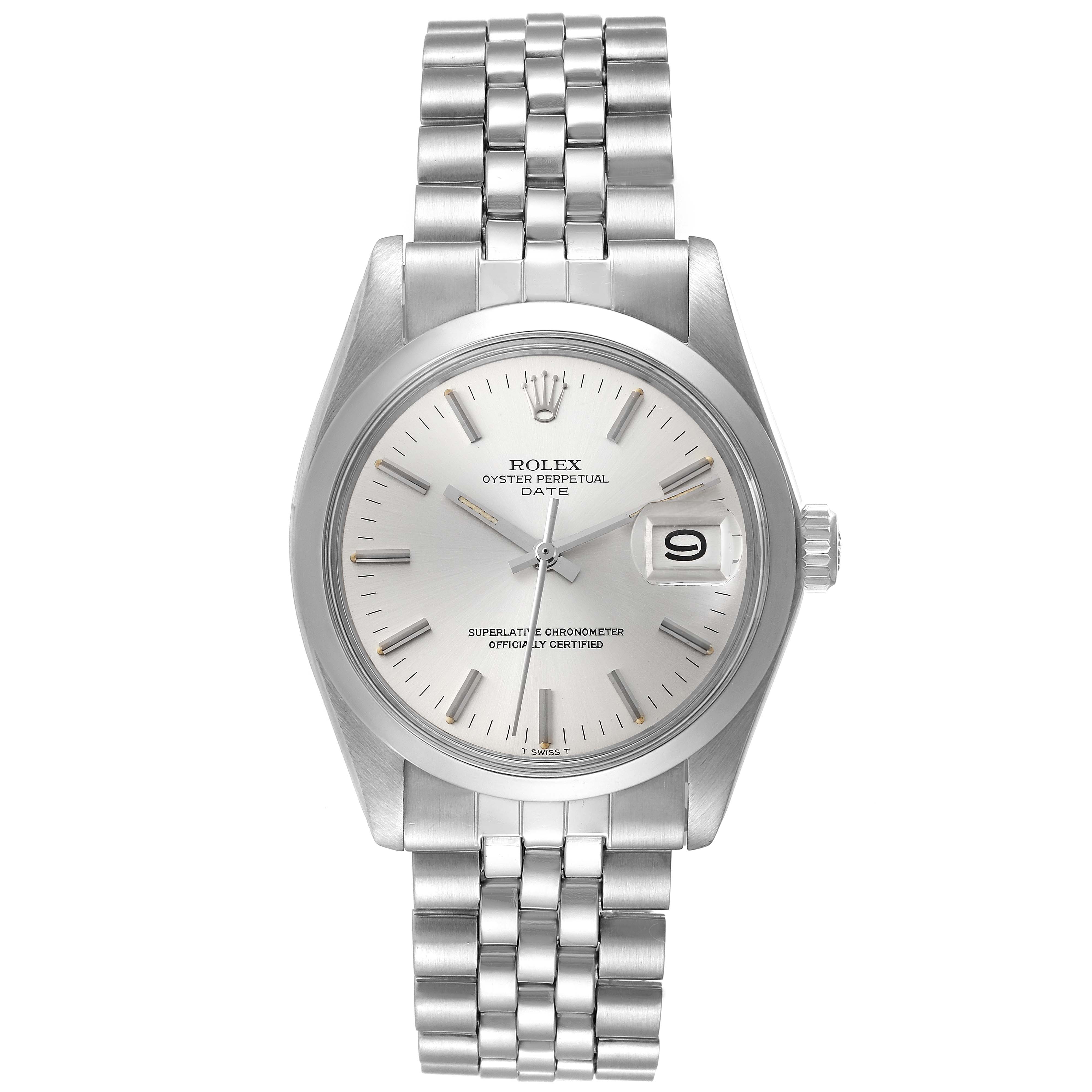 The image shows a front view of the Rolex Date 1500 Men
s Stainless Steel Silver Dial 1500 Men
s Stainless Steel Silver Dial watch, featuring its dial, hour markers, date window, and metal bracelet.