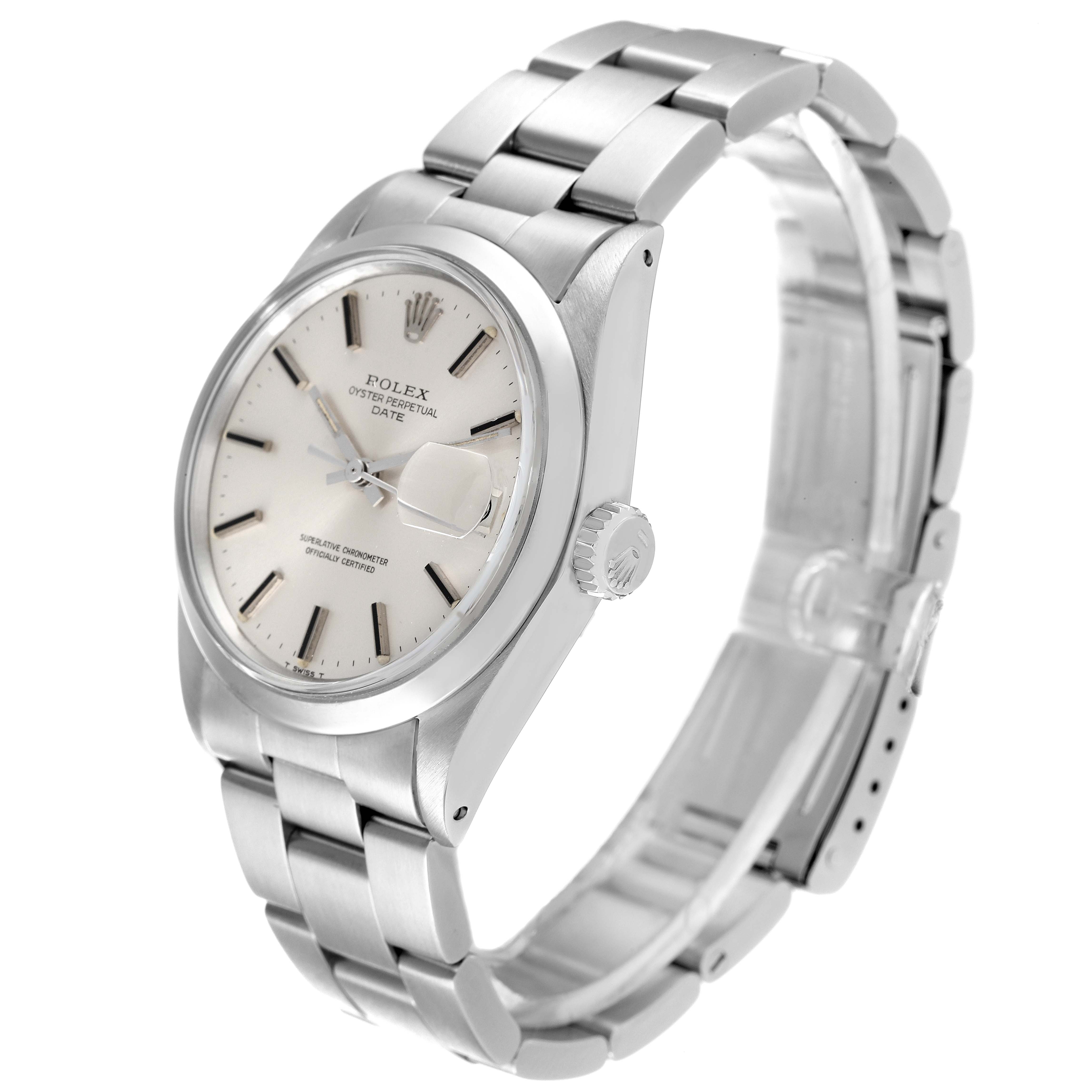 The image shows a Rolex Date 1500 Men
s Stainless Steel Silver Dial 1500 Men
s Stainless Steel Silver Dial model watch at a three-quarter angle, highlighting the face, crown, and bracelet.