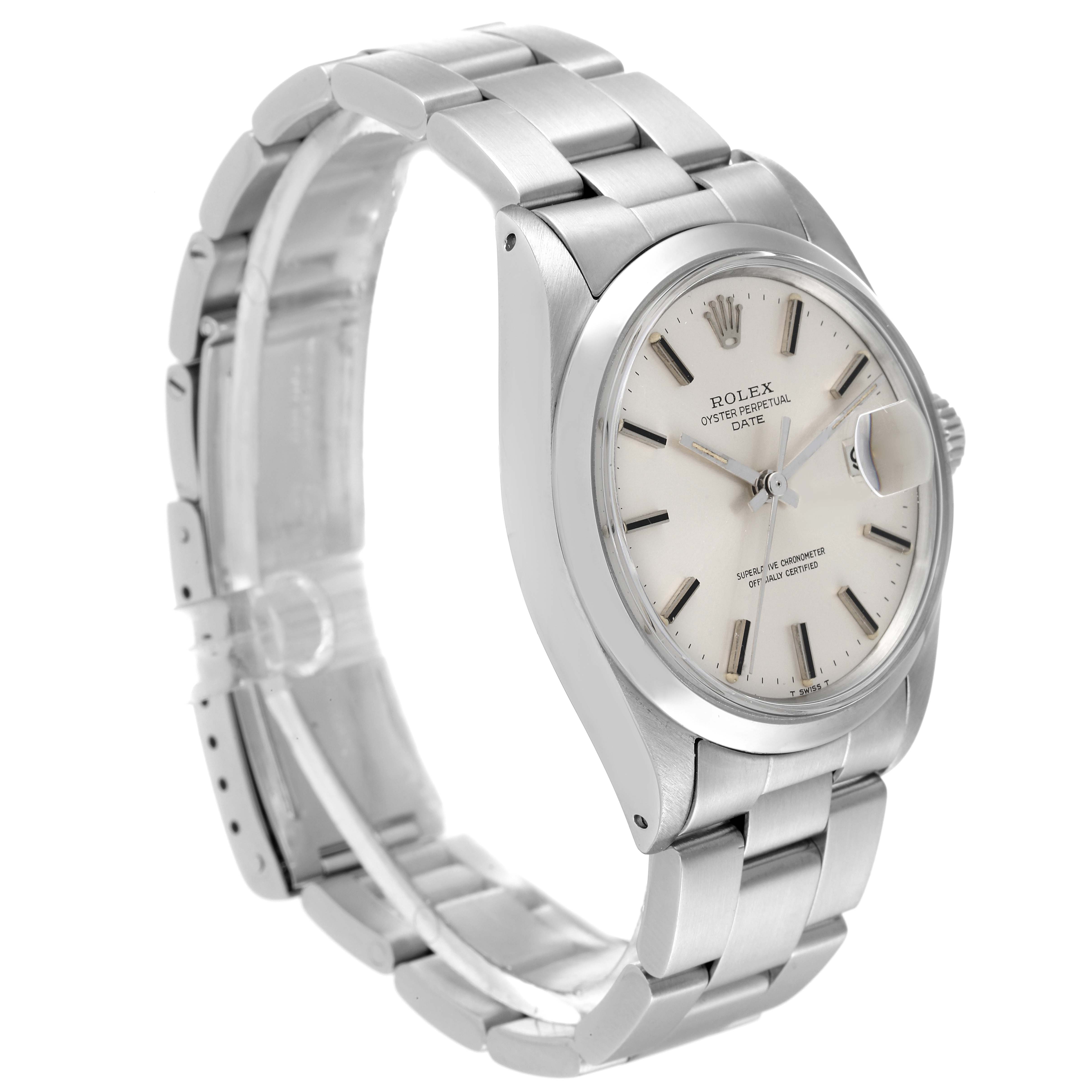 The image shows a Rolex Date 1500 Men
s Stainless Steel Silver Dial 1500 Men
s Stainless Steel Silver Dial model watch from a three-quarter angle highlighting the face, bezel, bracelet, and crown.