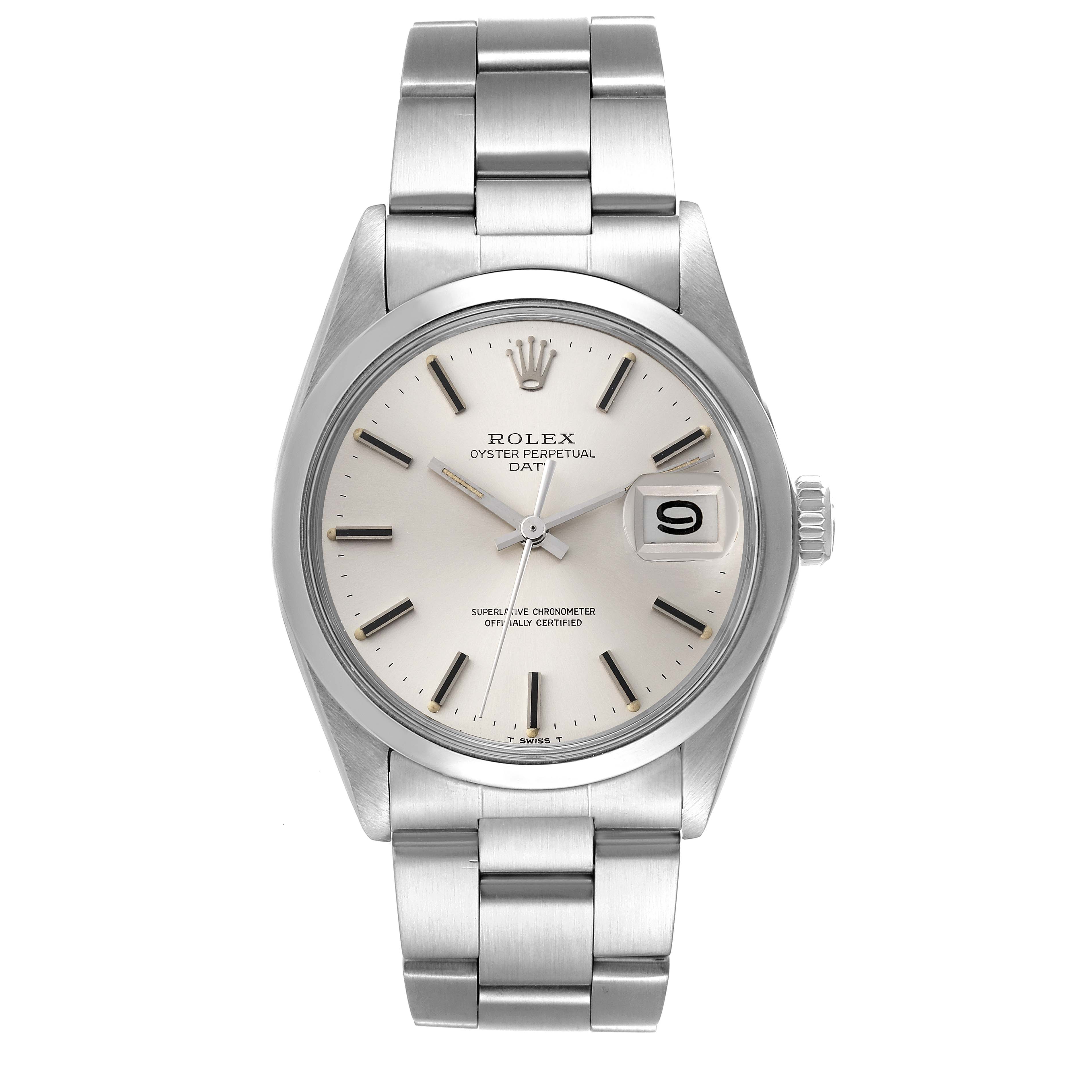 The image shows a front view of a Rolex Date 1500 Men
s Stainless Steel Silver Dial 1500 Men
s Stainless Steel Silver Dial model, highlighting the dial, hands, date window, and bracelet.