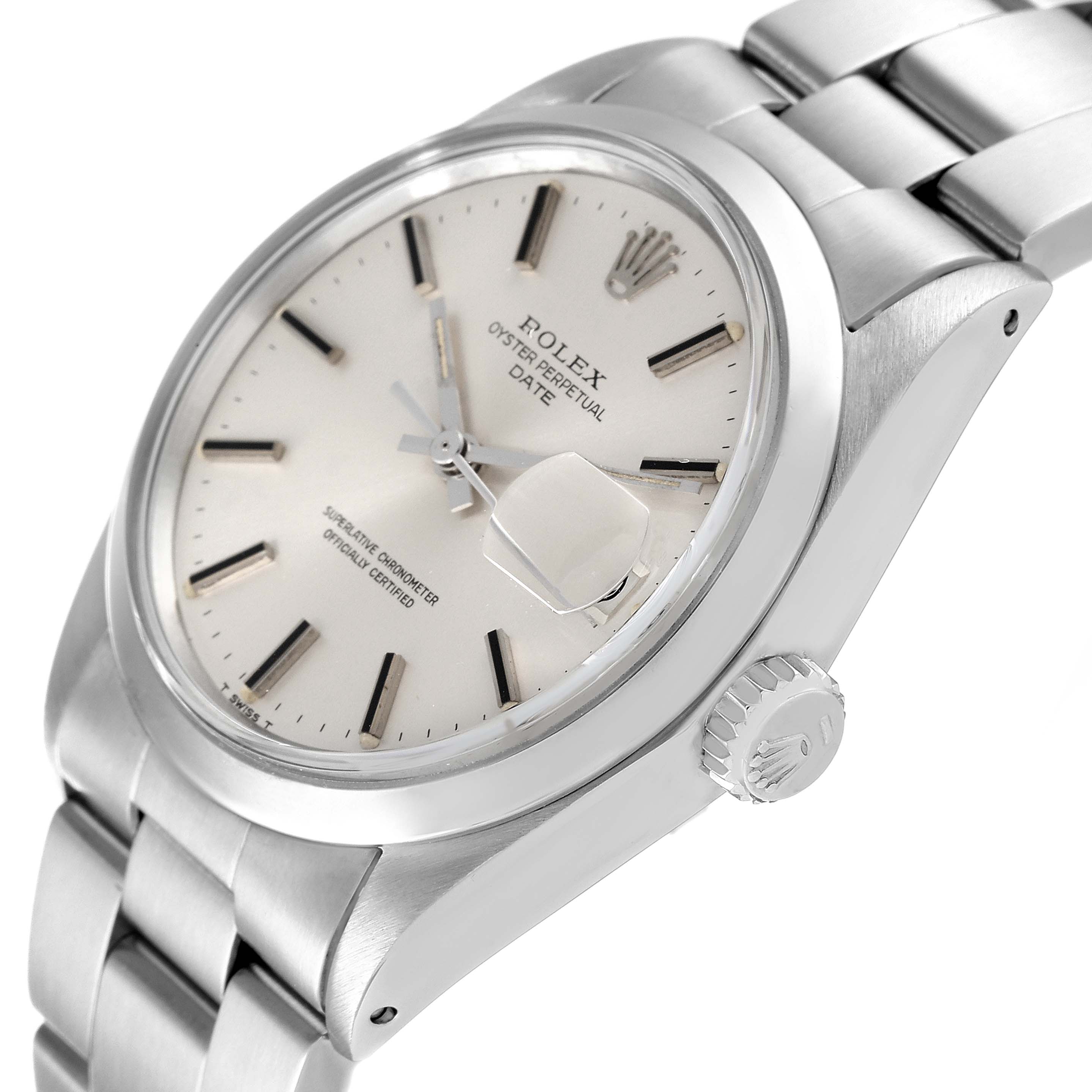 This image shows a partial side and front view of a Rolex Date 1500 Men
s Stainless Steel Silver Dial 1500 Men
s Stainless Steel Silver Dial model watch, highlighting the dial, crown, and bracelet.
