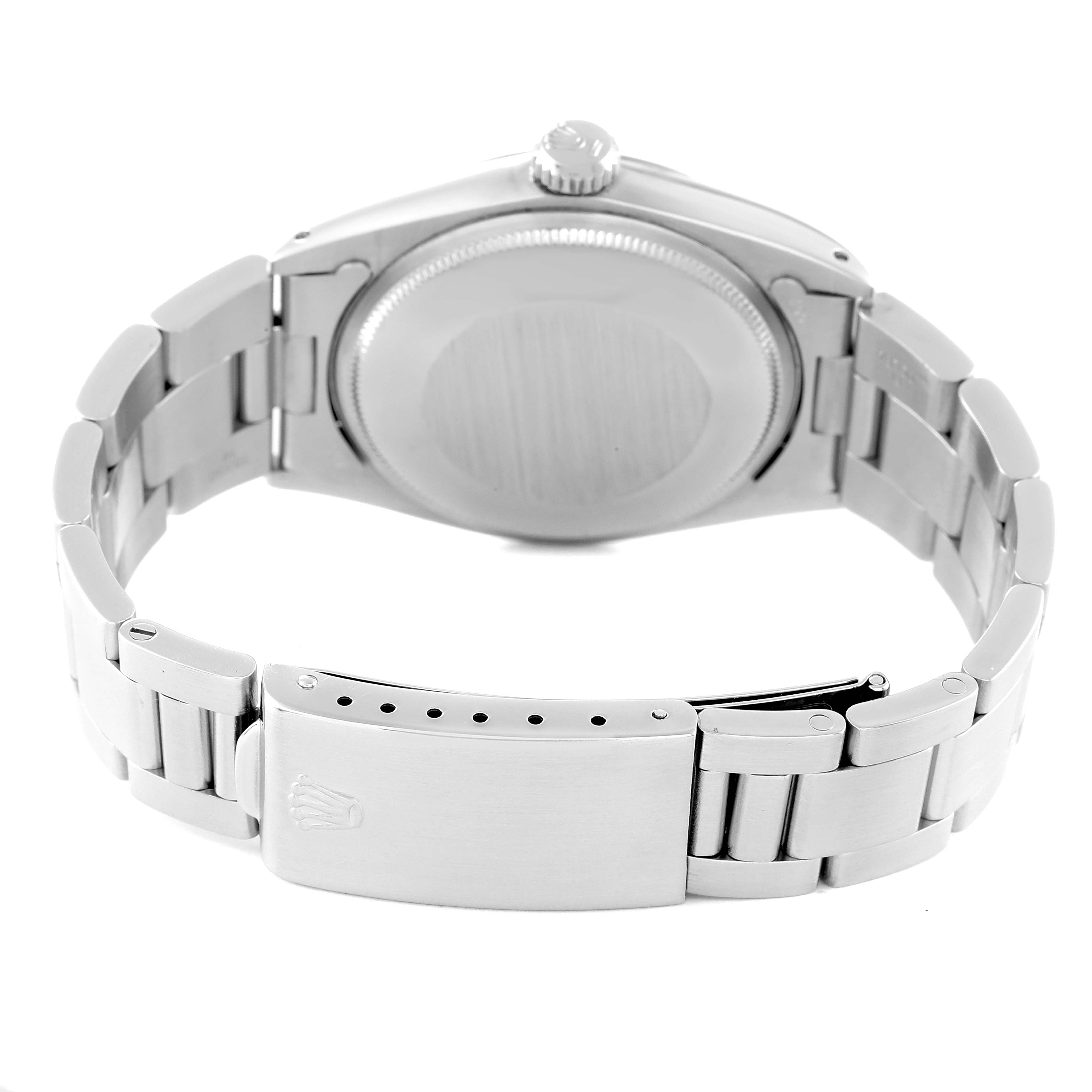 The image shows the back and clasp of a Rolex Date 1500 Men
s Stainless Steel Silver Dial 1500 Men
s Stainless Steel Silver Dial model watch, highlighting the bracelet and case back.