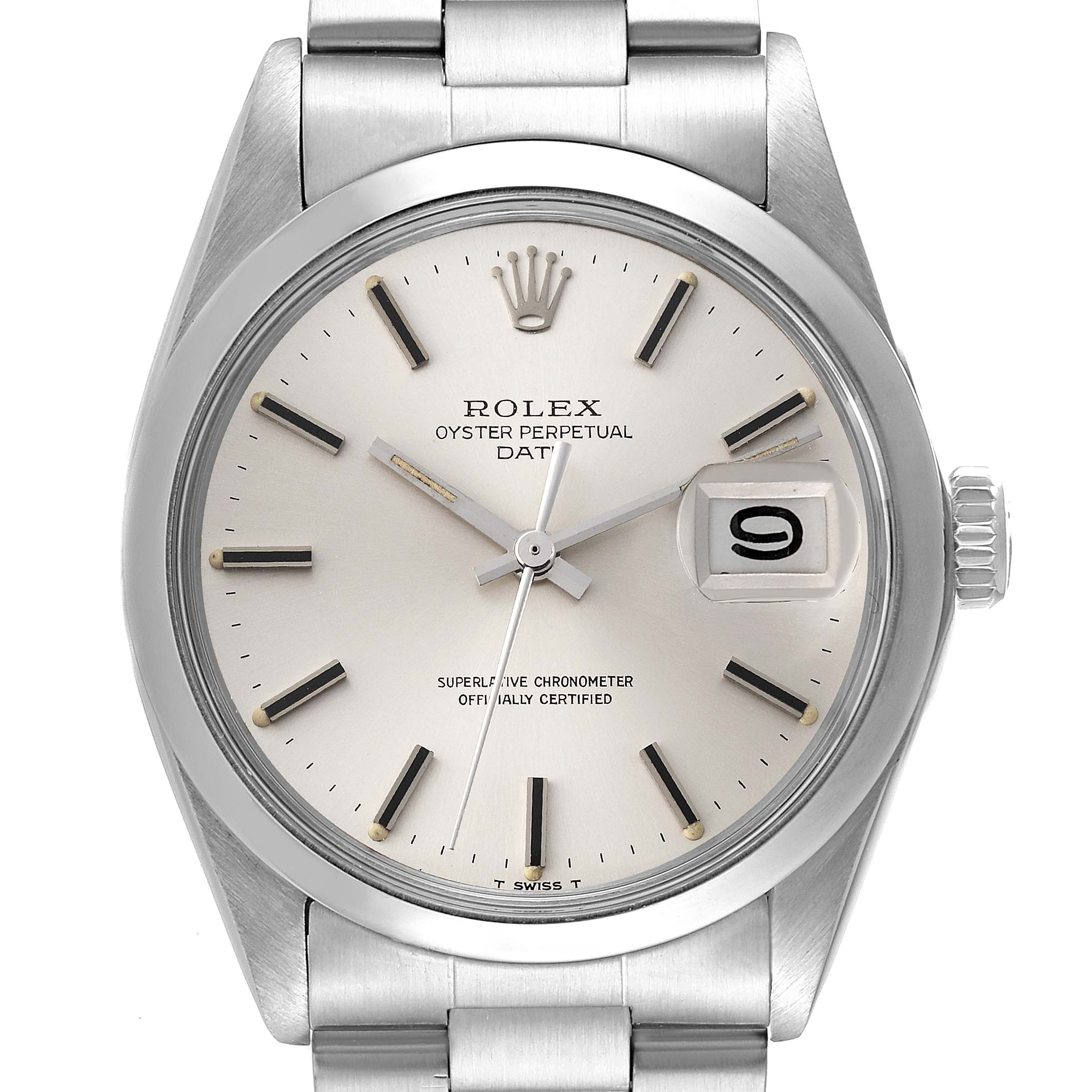 The image shows a front view of the Rolex Date 1500 Men
s Stainless Steel Silver Dial 1500 Men
s Stainless Steel Silver Dial model watch, including its dial, bezel, crown, and bracelet.