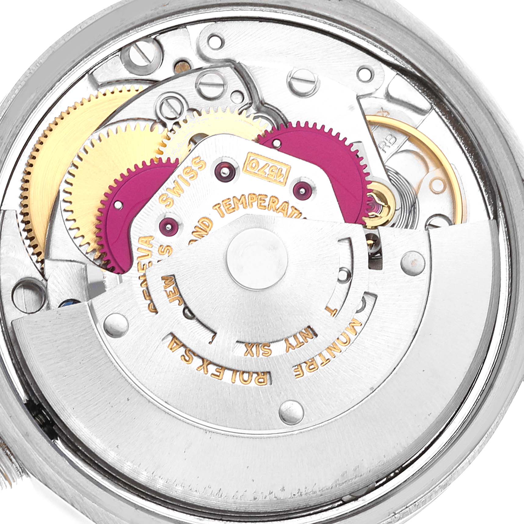 This image shows the inner mechanism of a Rolex Date 1500 Men
s Stainless Steel Silver Dial 1500 Men
s Stainless Steel Silver Dial model watch at a detailed, close-up angle.