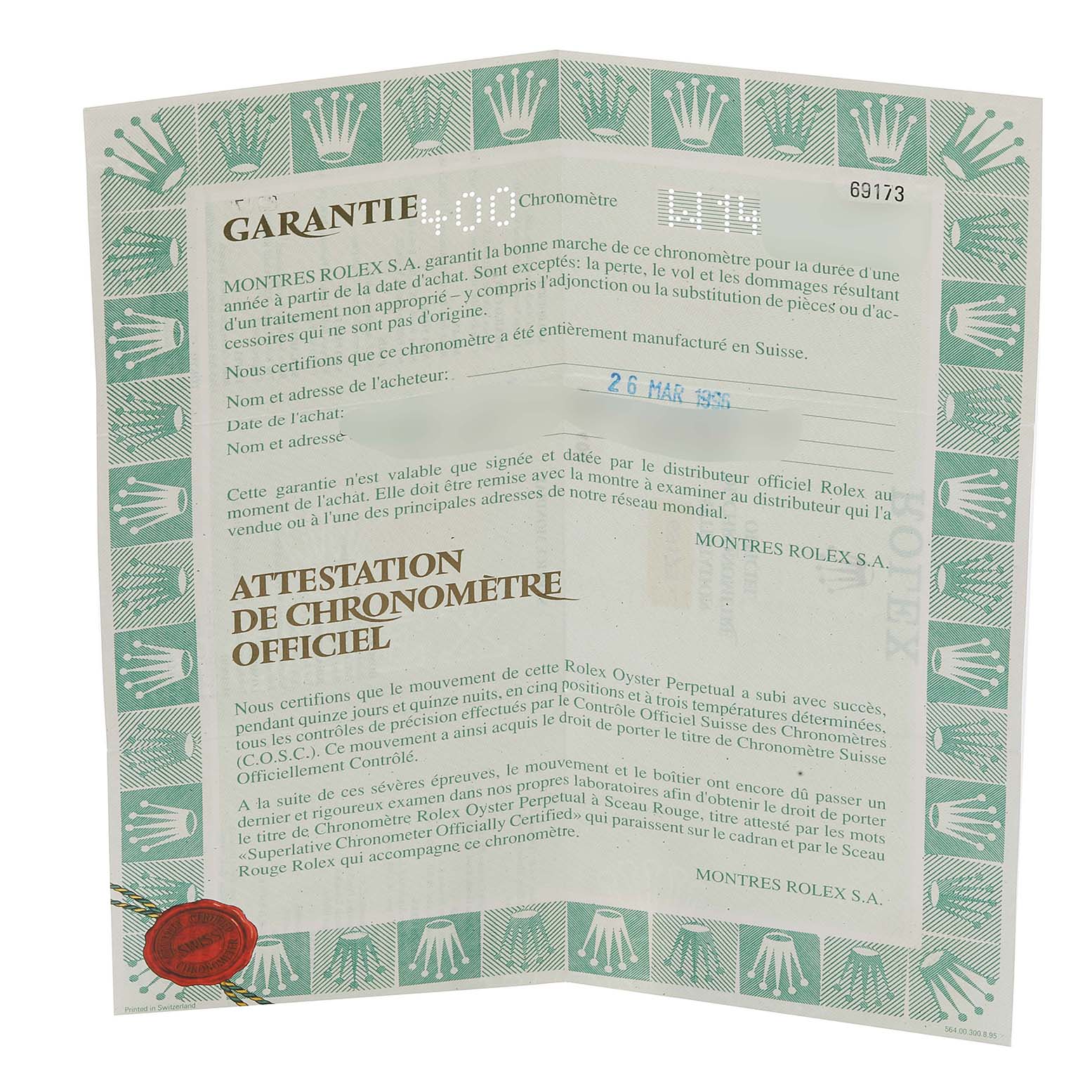 This image shows a warranty and certification document for a Rolex Datejust 69173 Women's Steel and Gold (two tone) Silver Dial 69173 Women's Steel and Gold (two tone) Silver Dial watch.