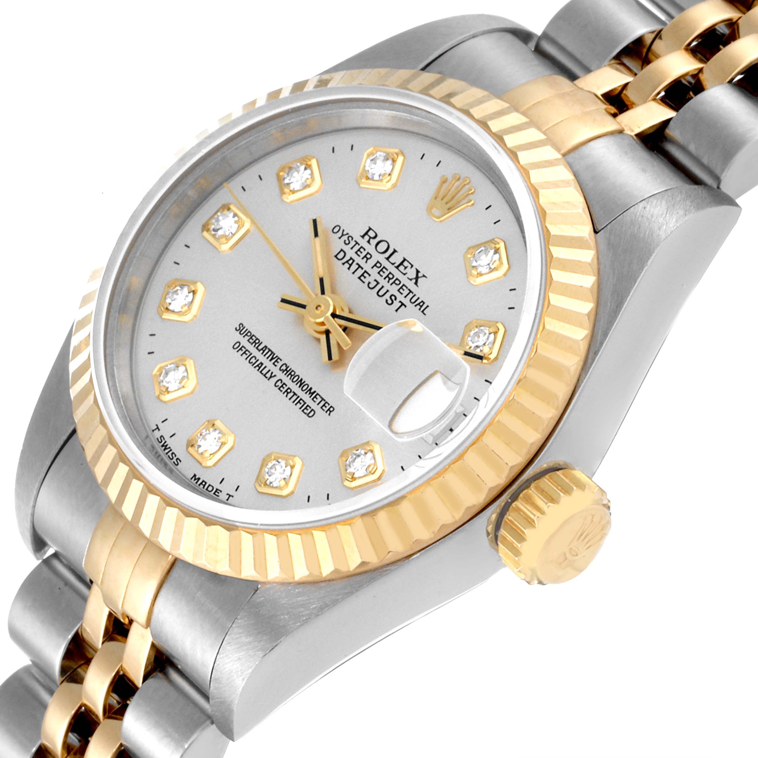 This image shows a Rolex Datejust 69173 Women's Steel and Gold (two tone) Silver Dial 69173 Women's Steel and Gold (two tone) Silver Dial watch from a slightly angled top view, highlighting the face, bezel, crown, and part of the band.